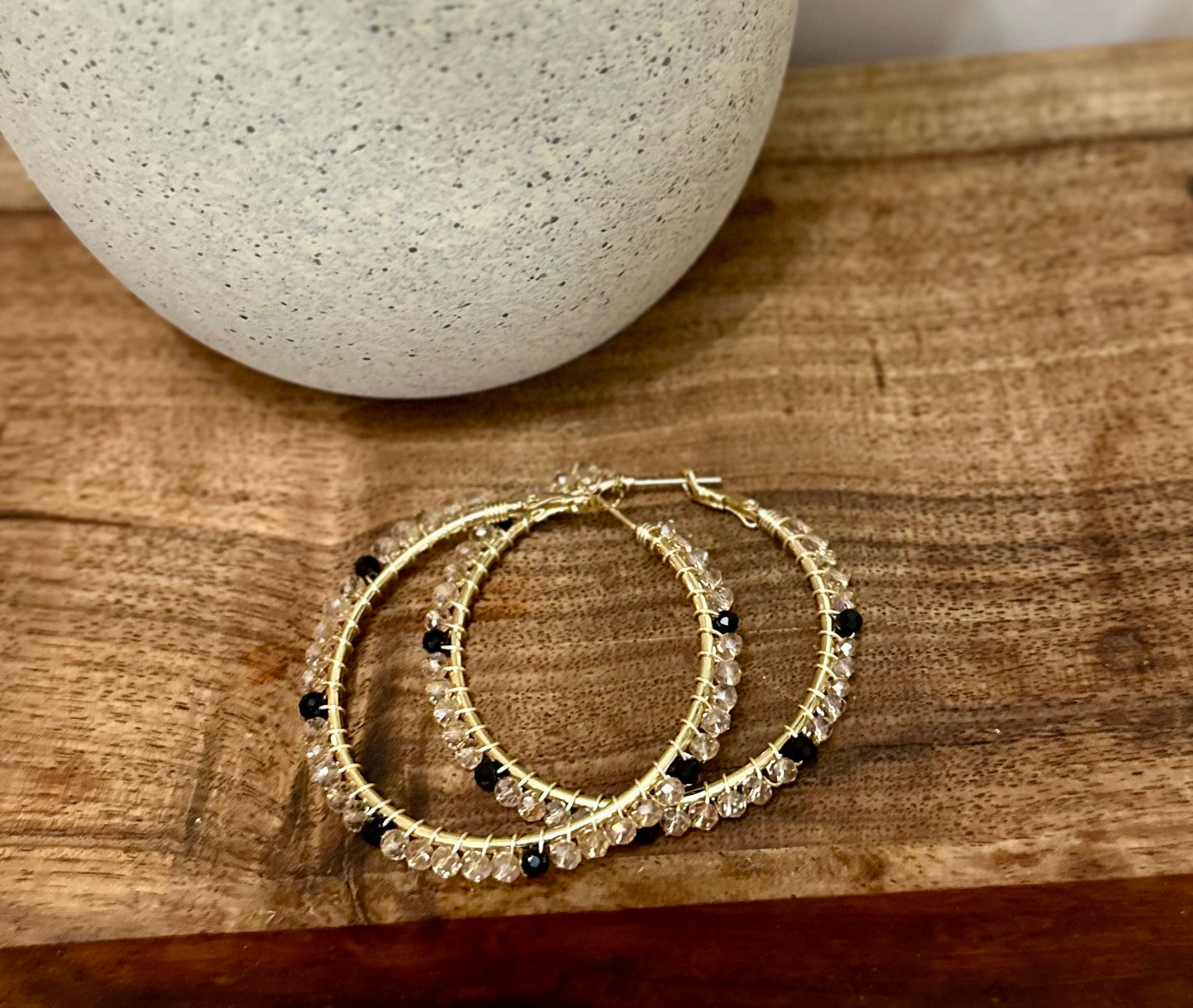 Hoop Earrings in Beige, Black and Gold