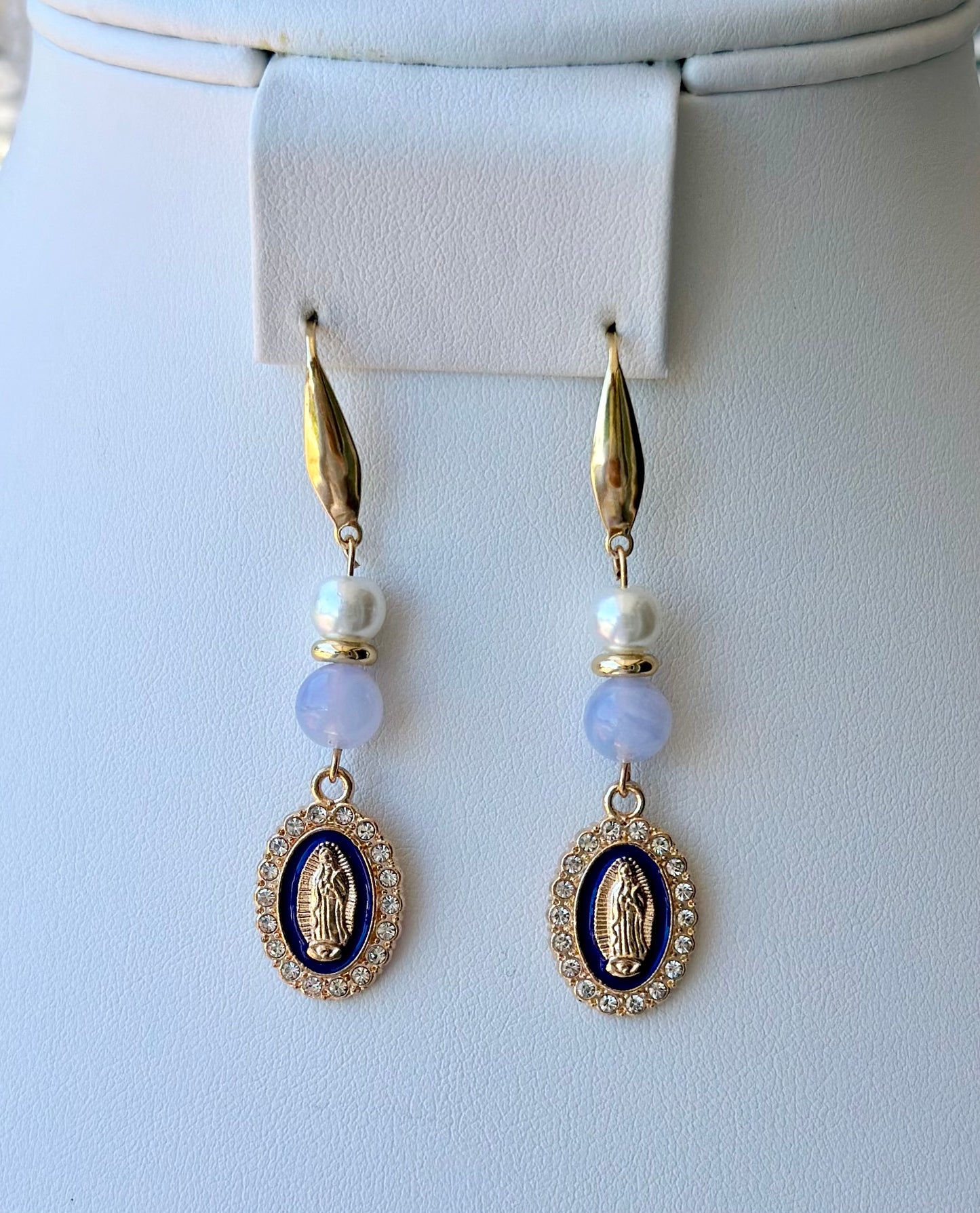 Virgen de Guadalupe Dangle and Drop Earrings in Blue and Ivory