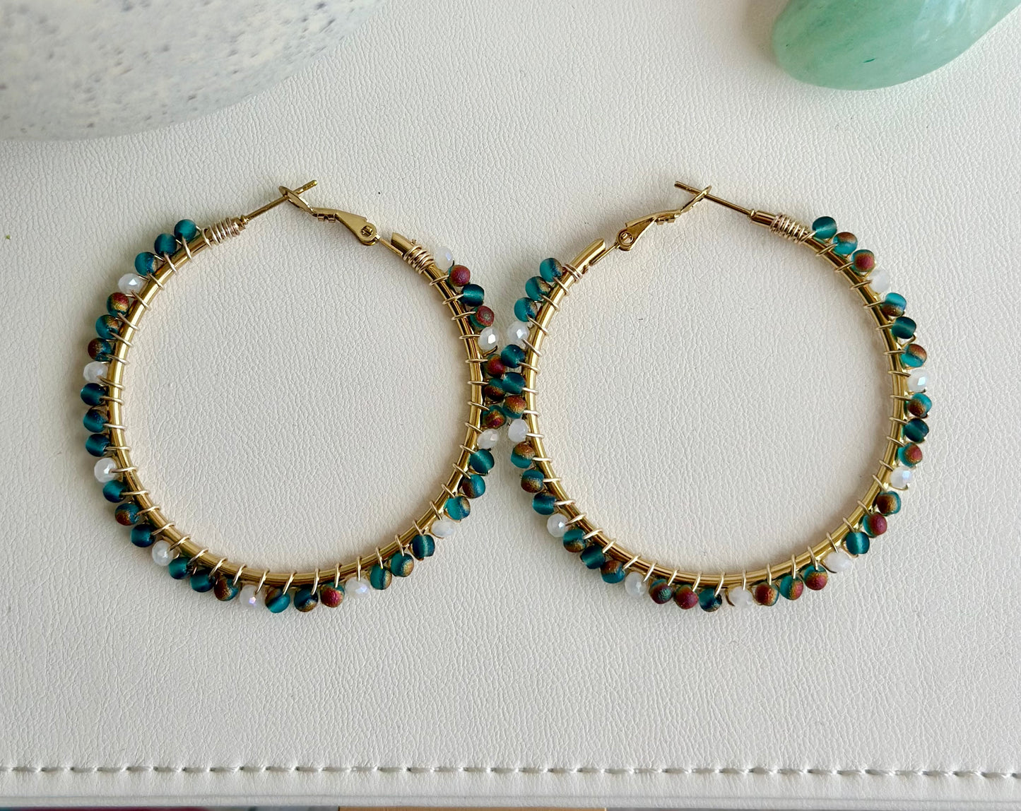 Hoop Earrings In Blue Green and White glass Beads (40mm)