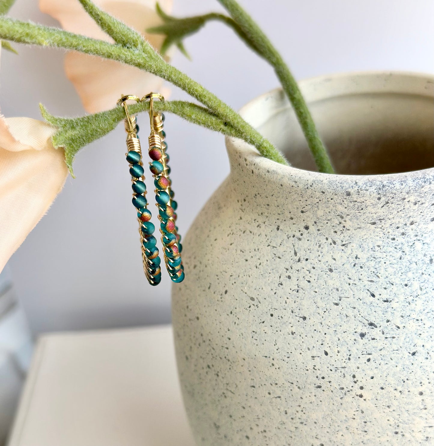 Hoop Earrings with Blue Green Glass Beads (30mm)