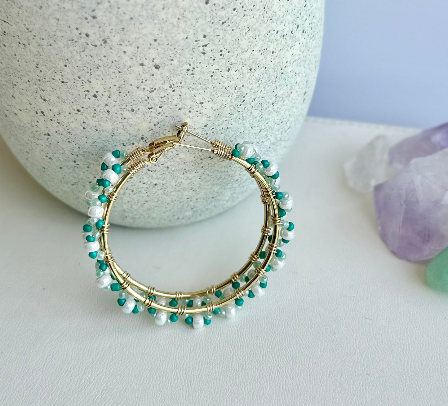 Hoop Earrings with Aqua and White