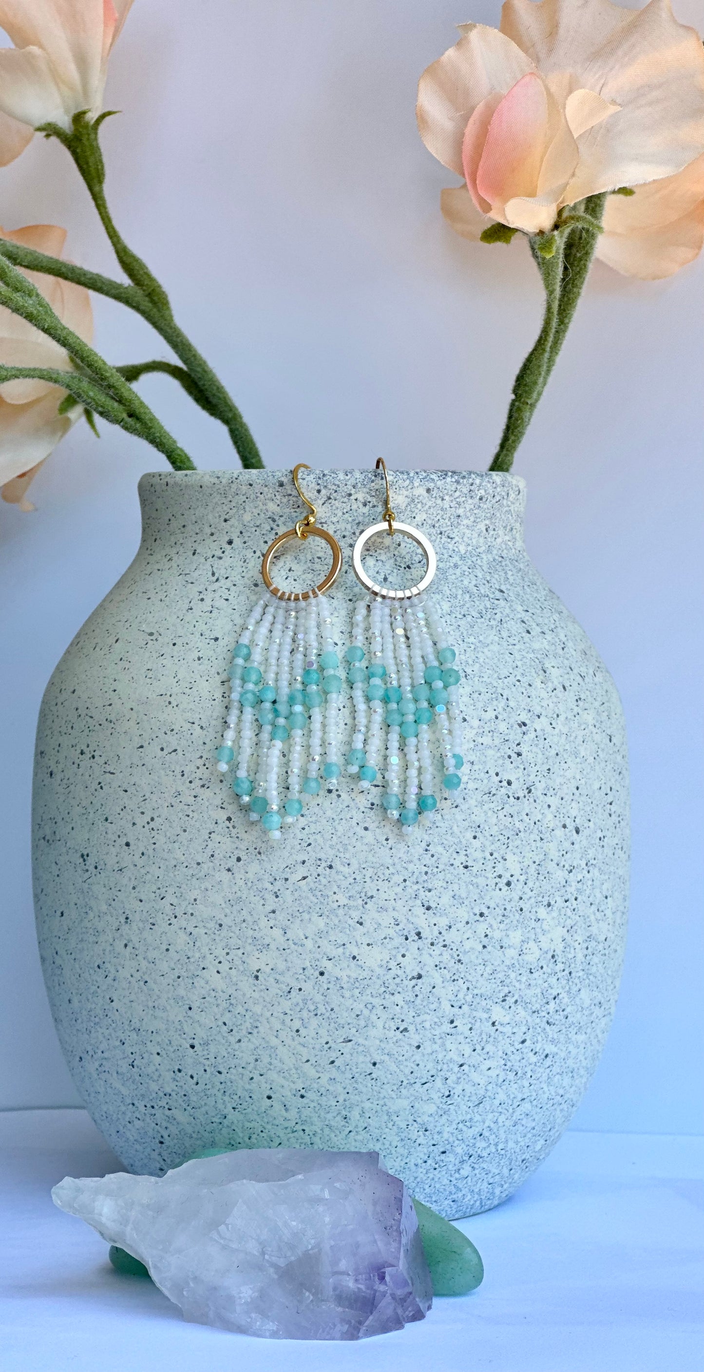 Beaded Fringe Earrings in White, Teal, and Gold