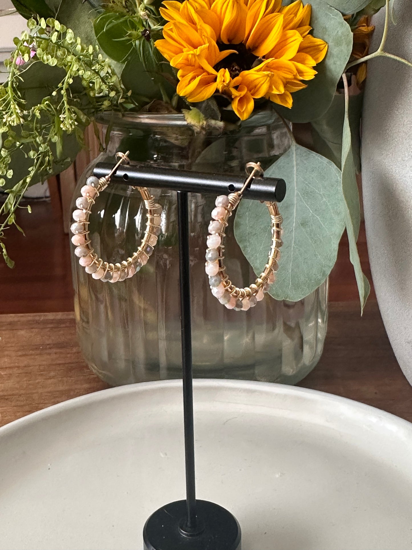 Hoop Earrings in Ivory and Light Grey