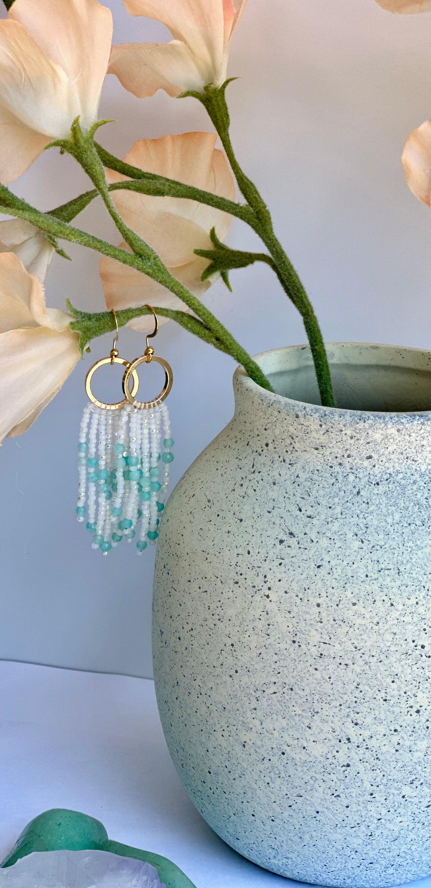 Beaded Fringe Earrings in White, Teal, and Gold