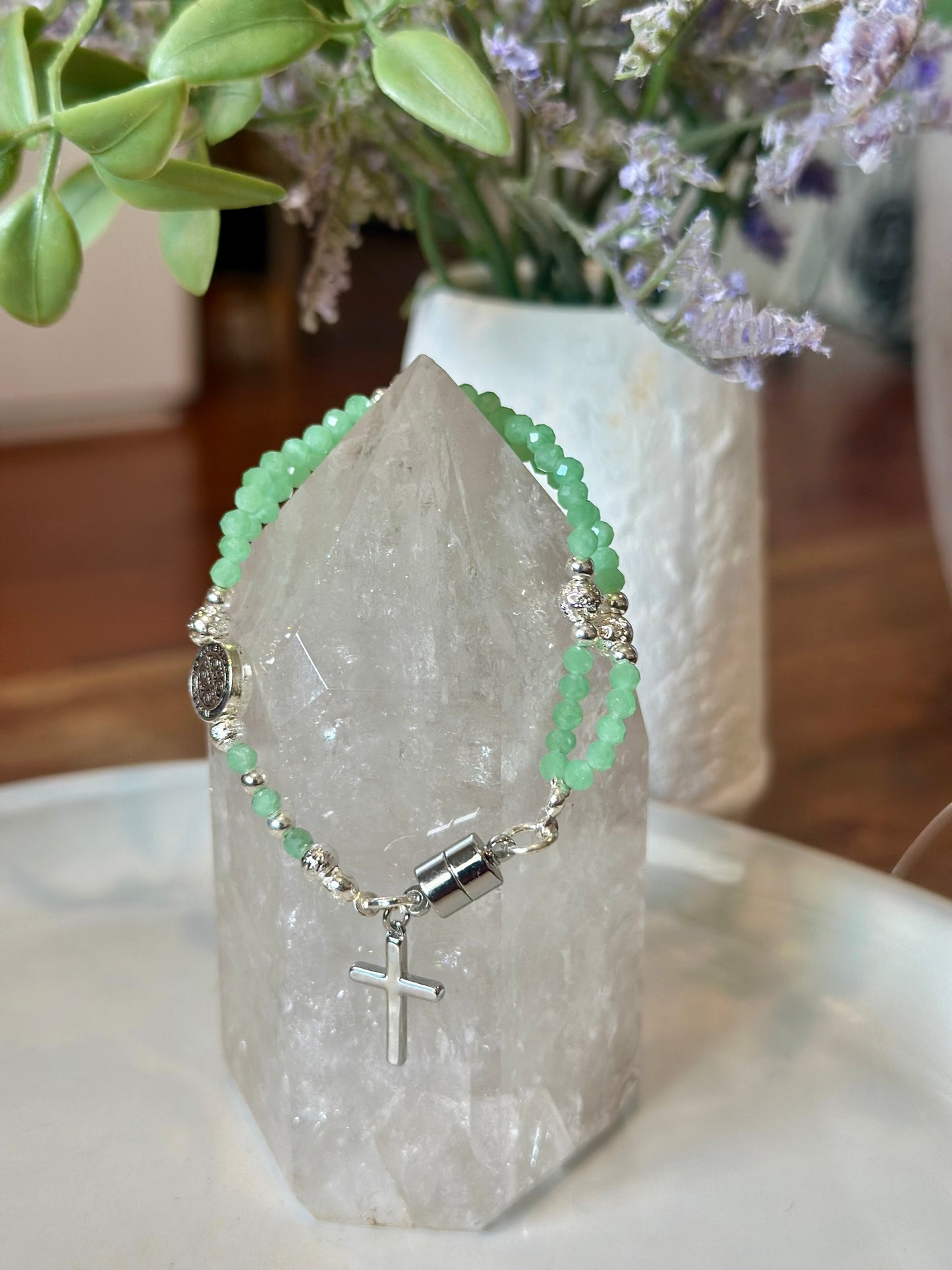 Rosary Bracelet in Green and Silver.