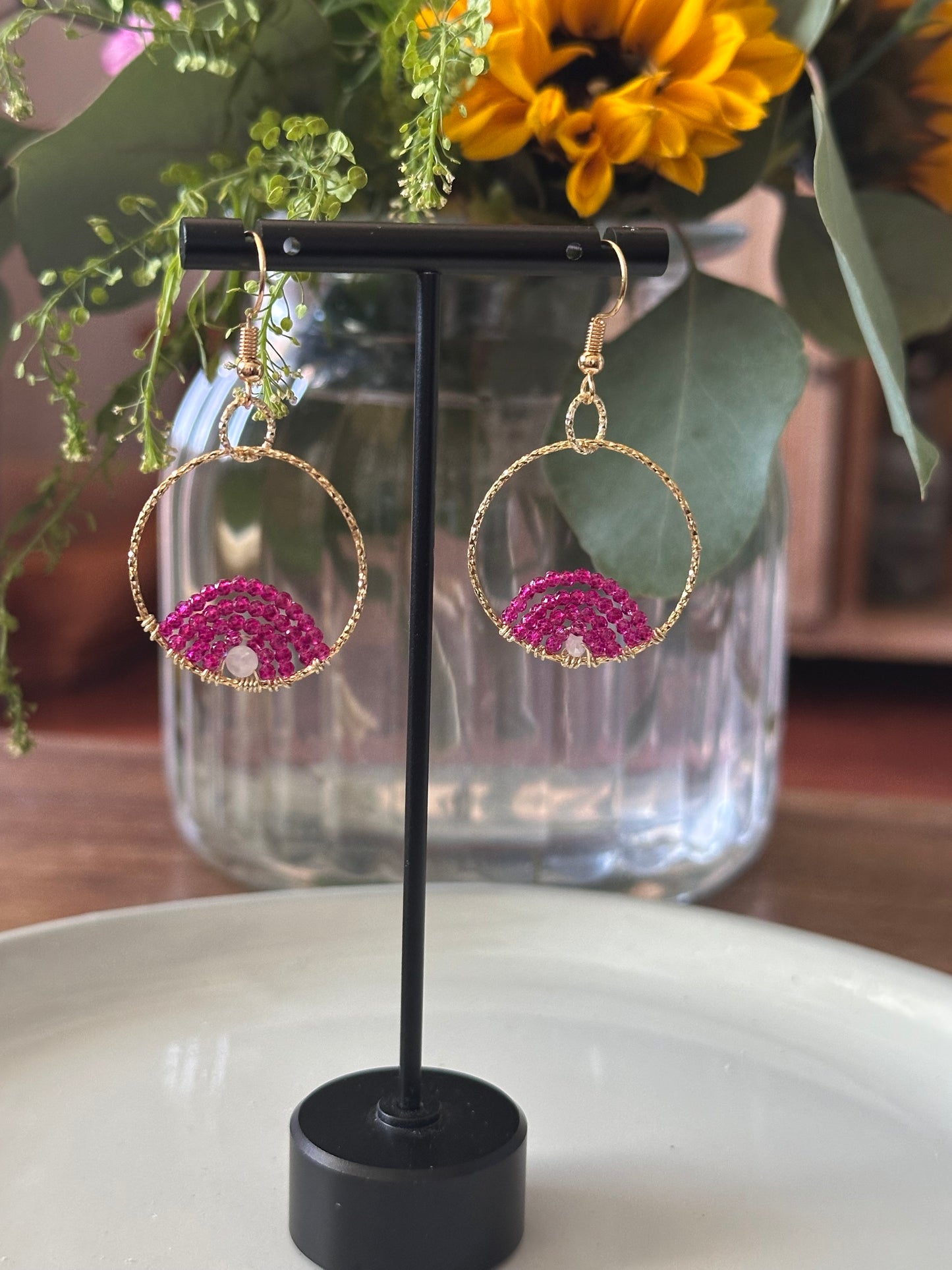 Dangle and Drop Earrings in Hot Pink and Gold.