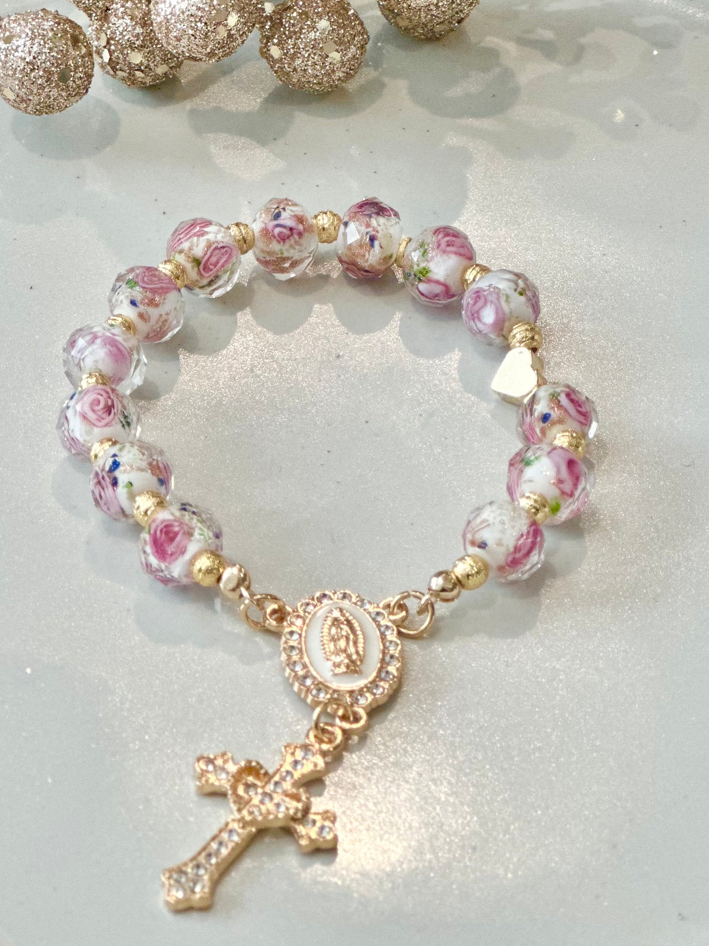 Rosary Bracelet in Pink and White.