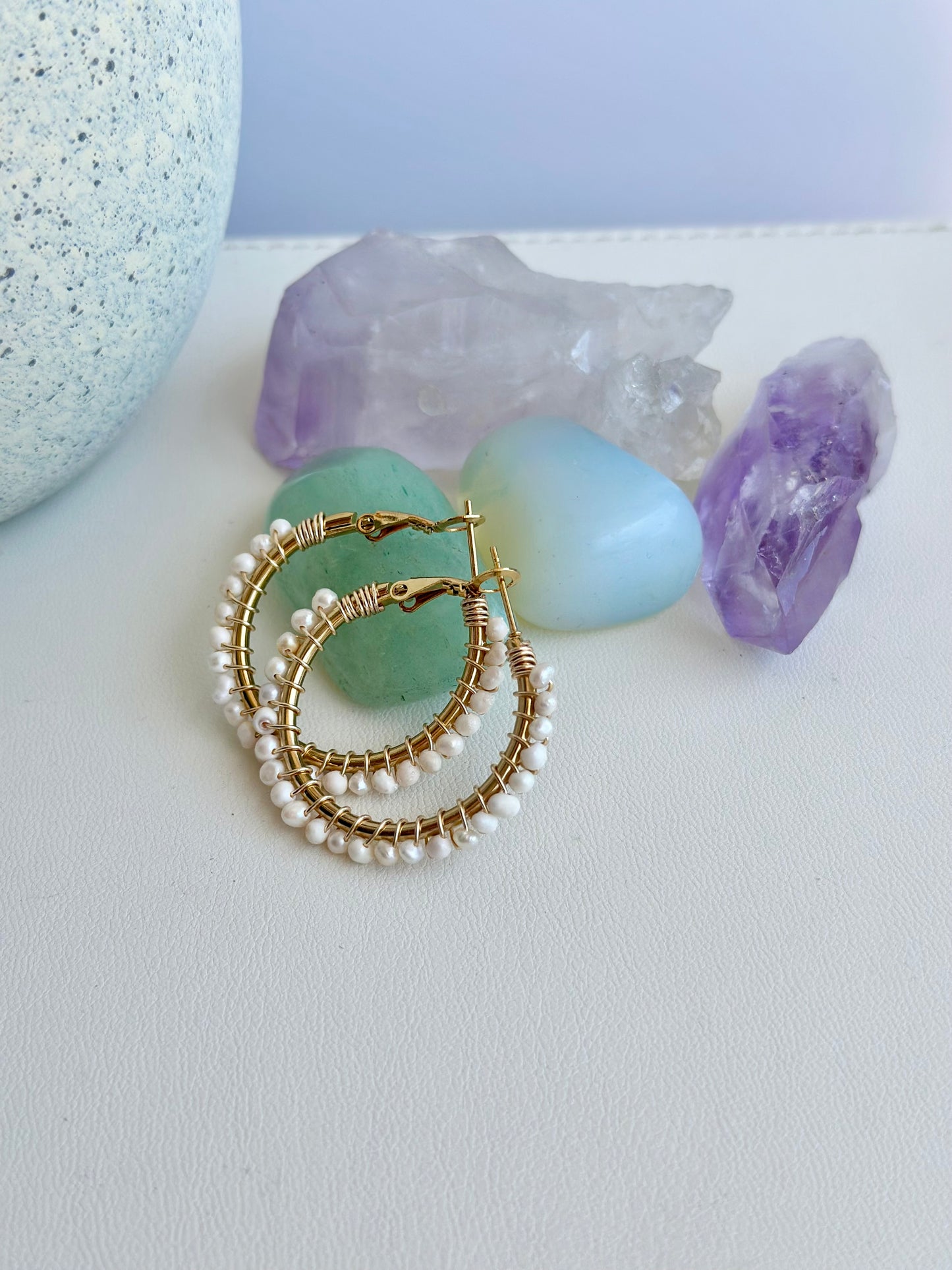 Hoop Earrings in Pearl Shell Beads