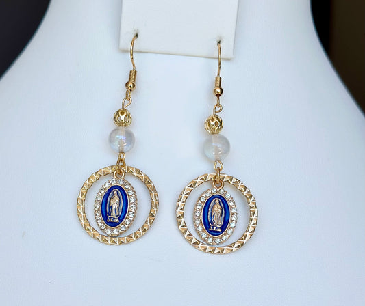 Virgen de Guadalupe Dangle and Drop Earrings in Blue and Clear