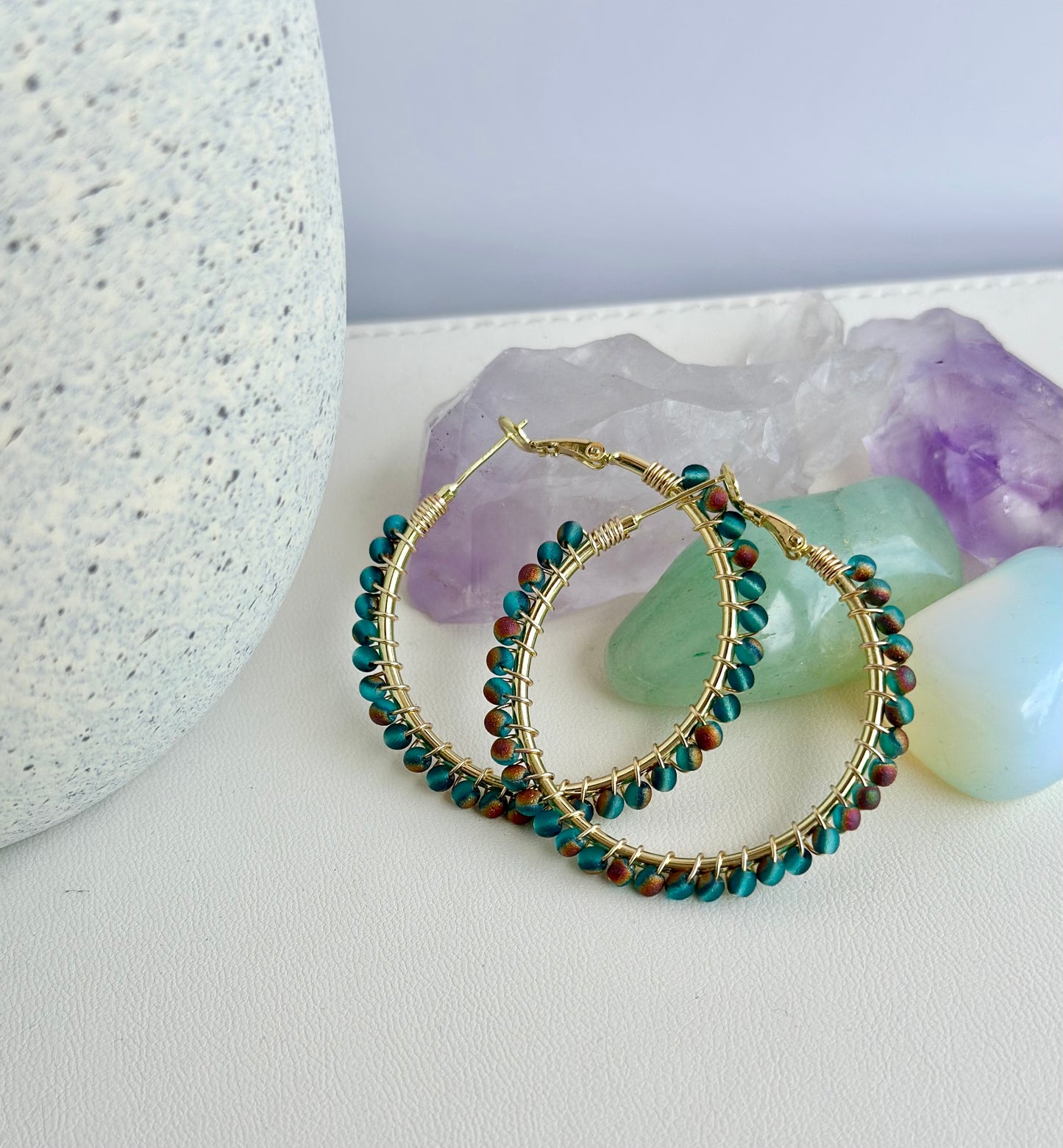 Hoop Earrings with Blue Green Glass Beads (30mm)