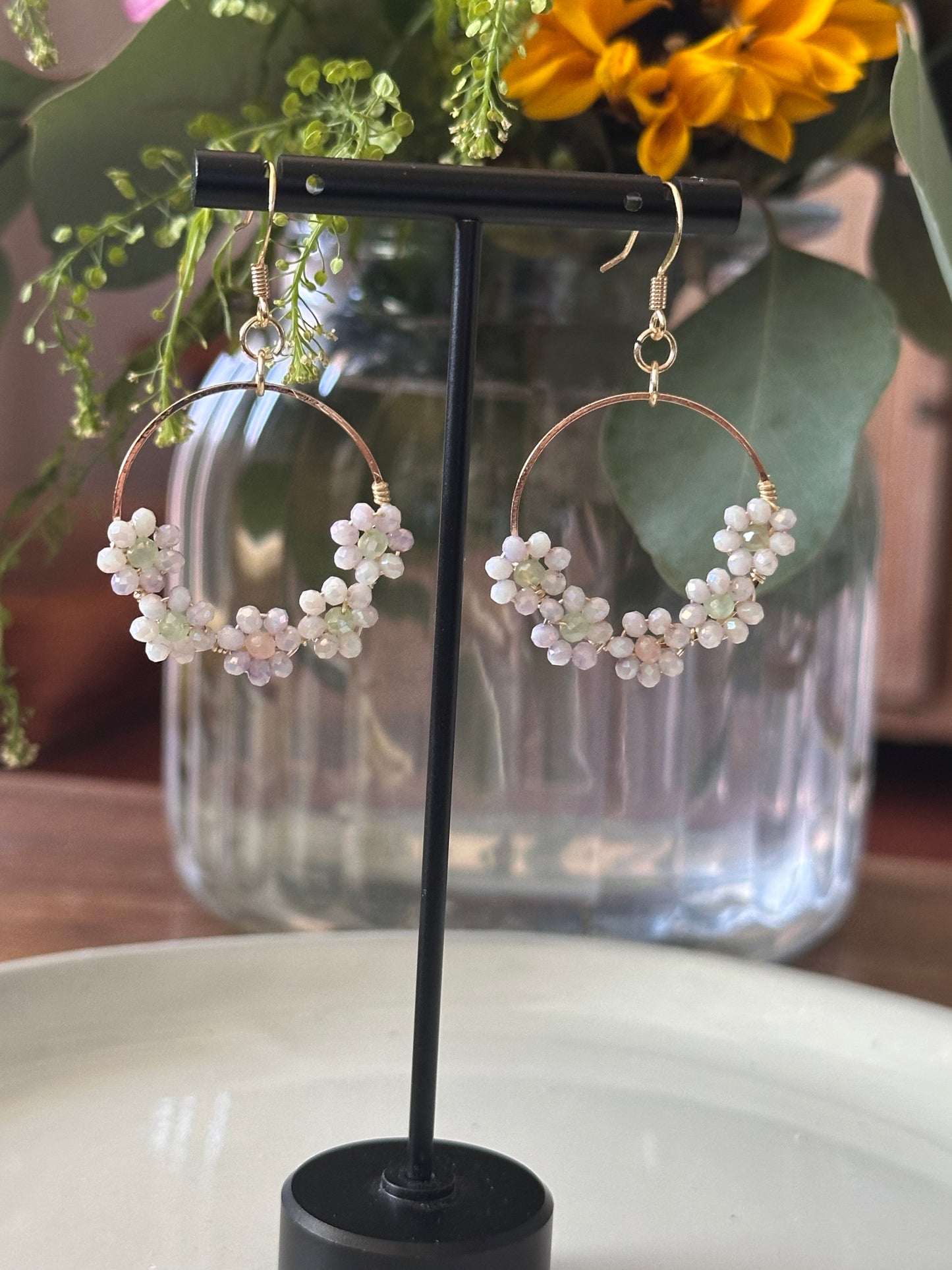 Dangle and Drop Earrings in Light Lilac and Gold.