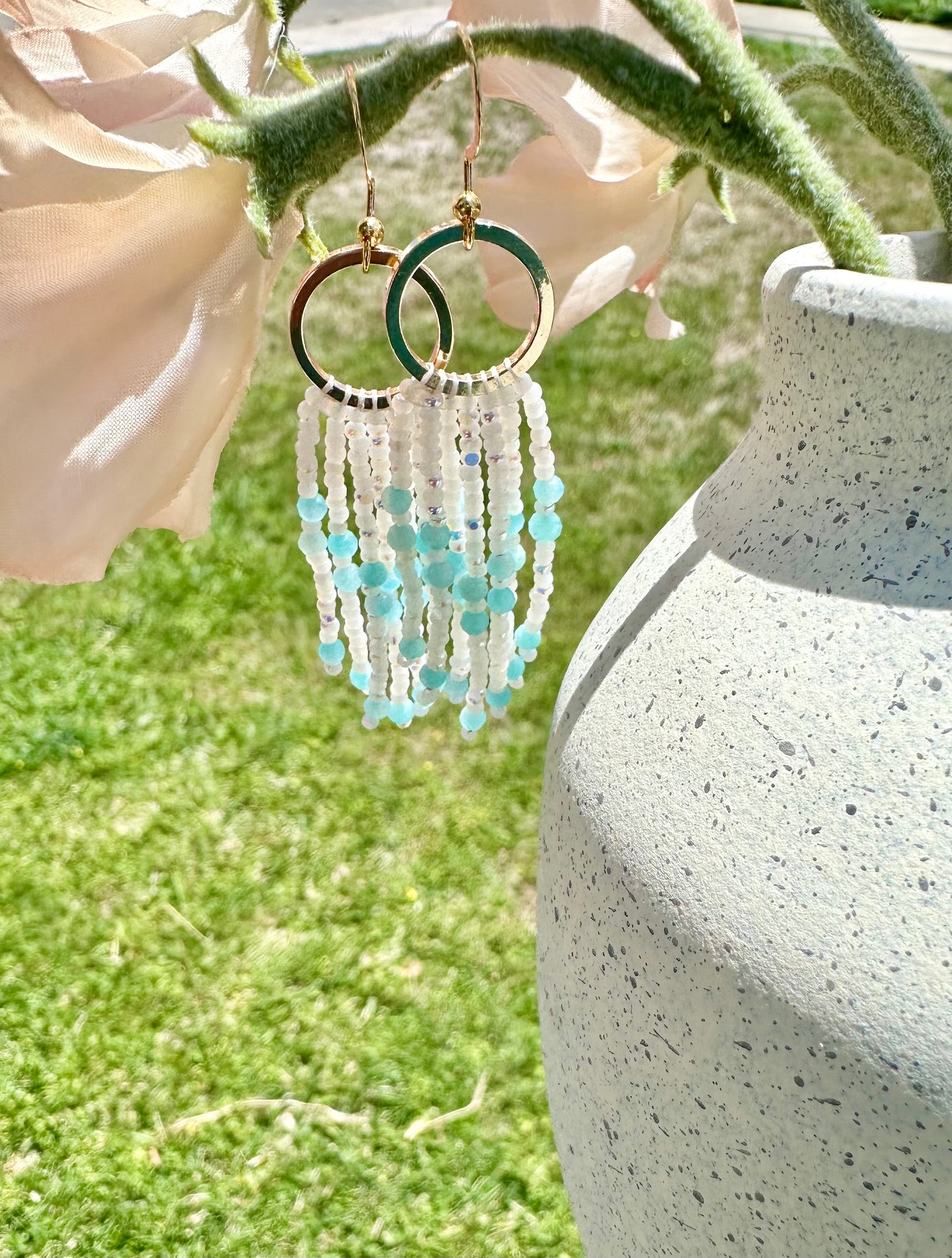 Beaded Fringe Earrings in White, Teal, and Gold