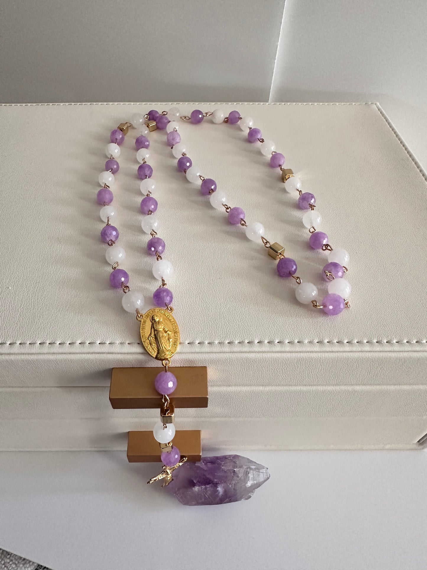 Rosary made of Lavender Jade and White Quartz Gemstones