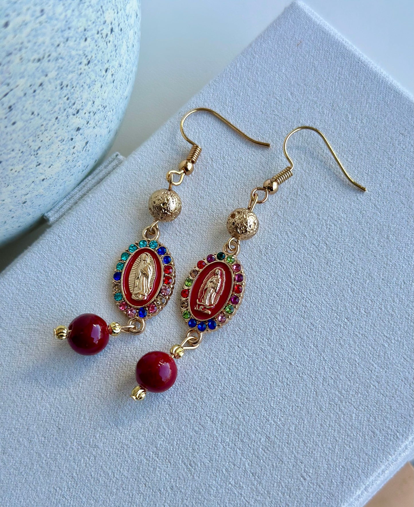 Virgen de Guadalupe Earrings in Dark Red Dyed Quartz