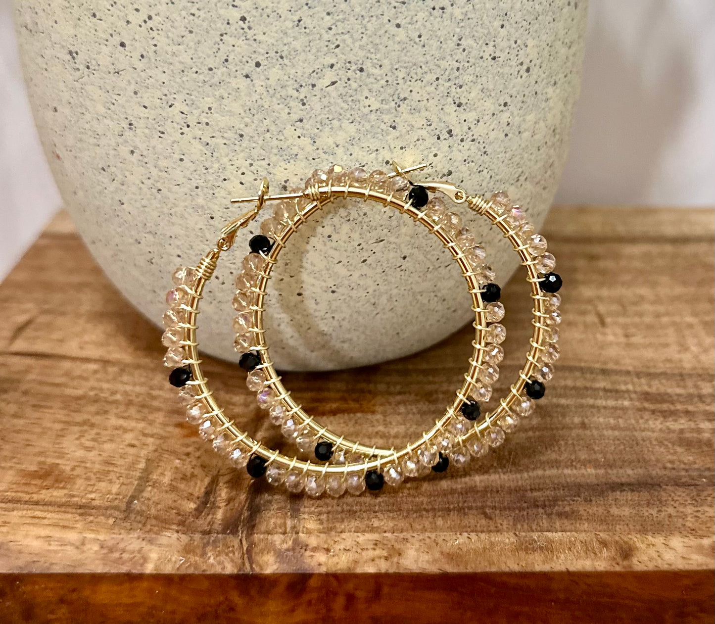 Hoop Earrings in Beige, Black and Gold