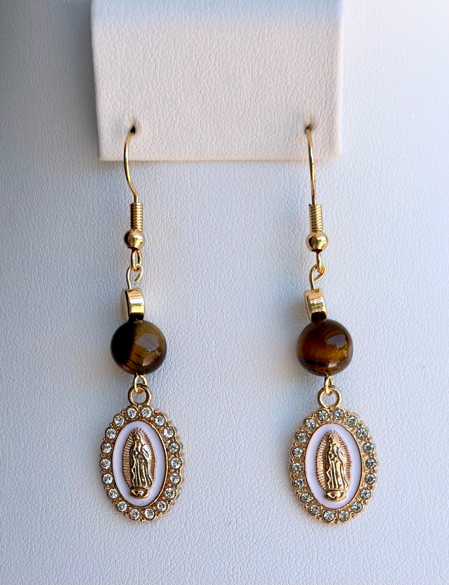 Virgen de Guadalupe Dangle and Drop Earrings in White and Brown