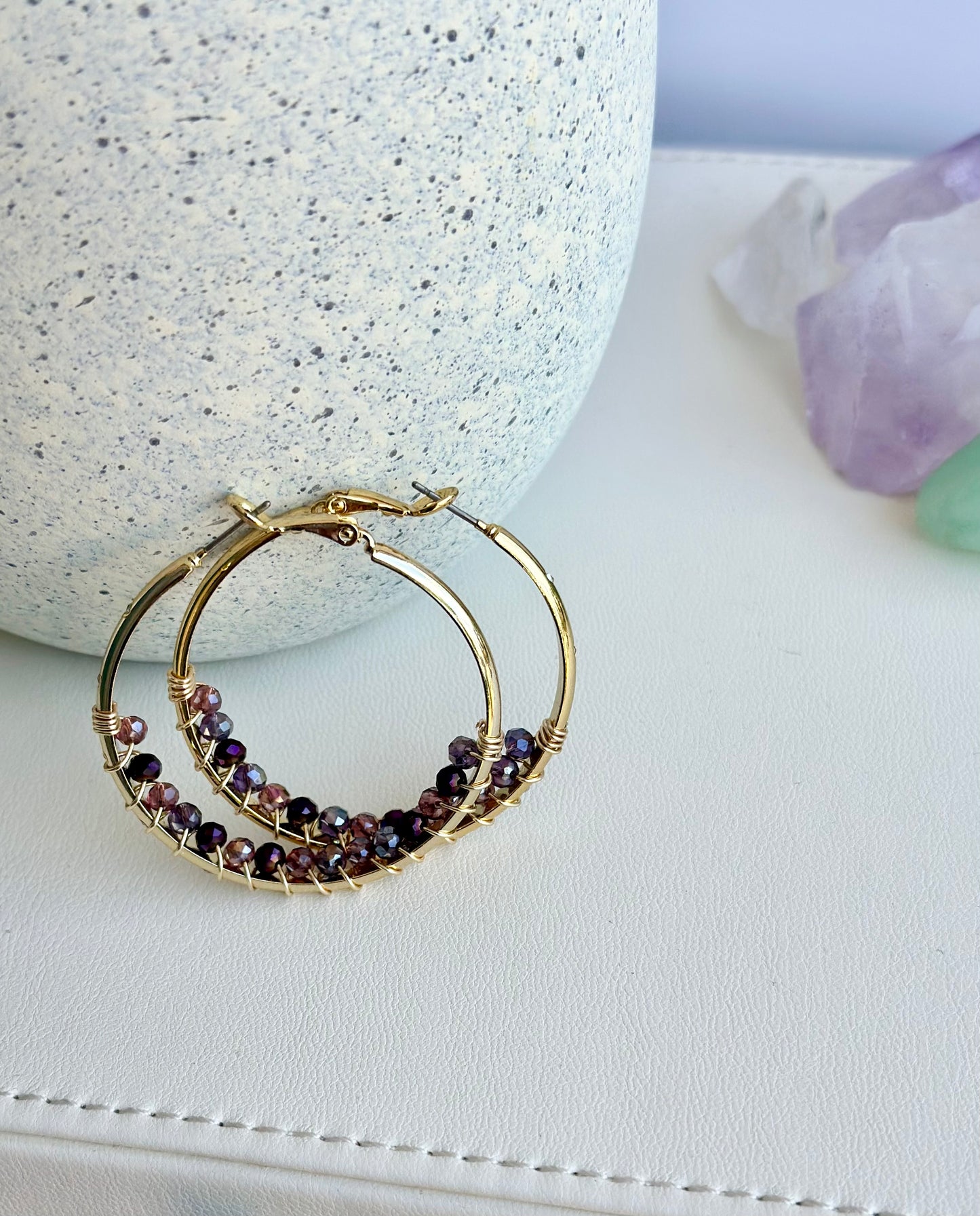 Hoop Earrings with Dark Purple Glass Beads (30mm)