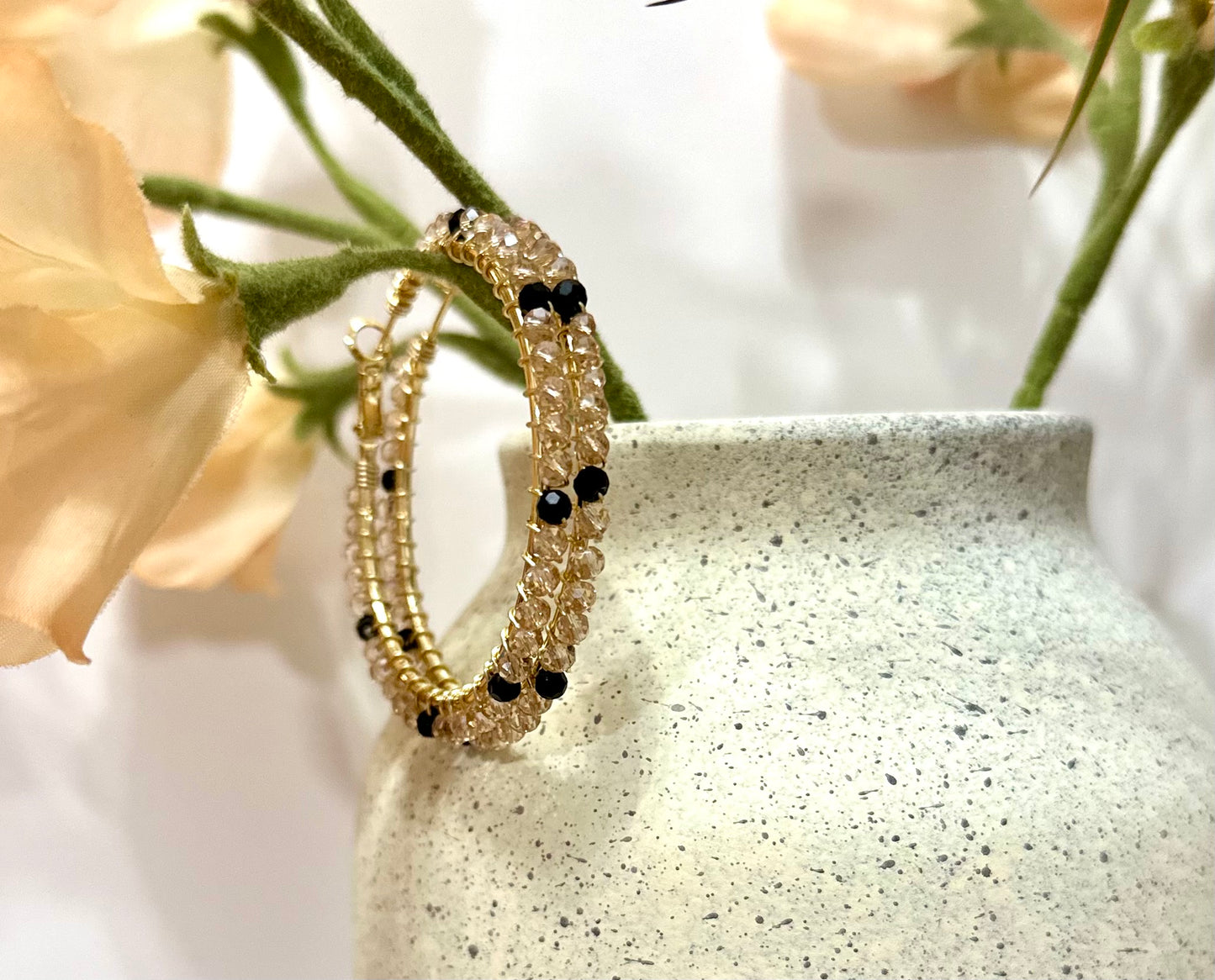 Hoop Earrings in Beige, Black and Gold