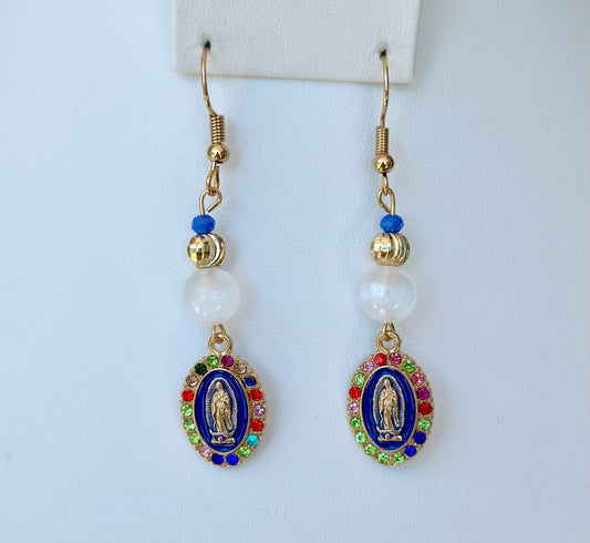 Virgen de Guadalupe Dangle and Drop Earrings in Blue and Clear