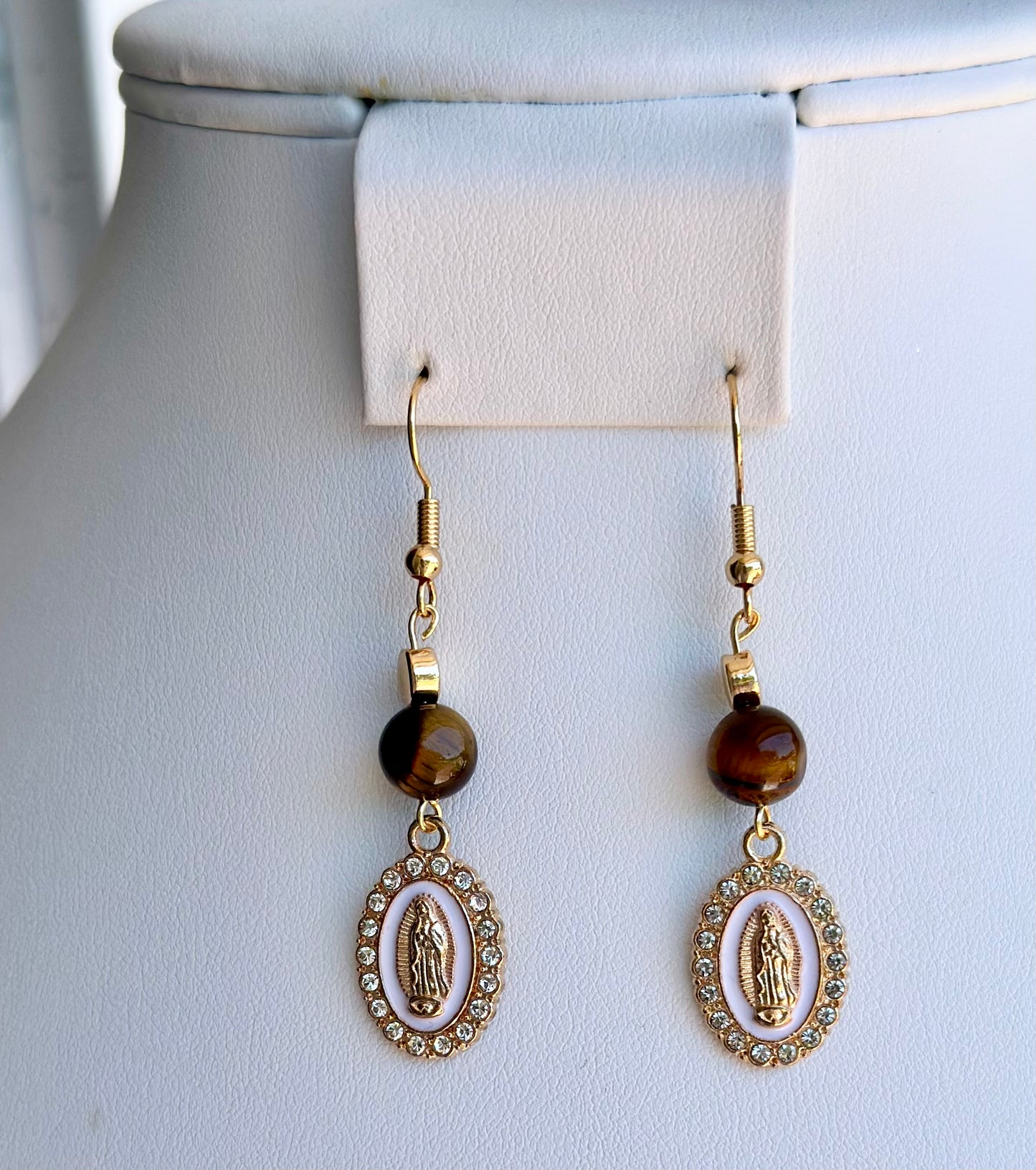 Virgen de Guadalupe Dangle and Drop Earrings in White and Brown