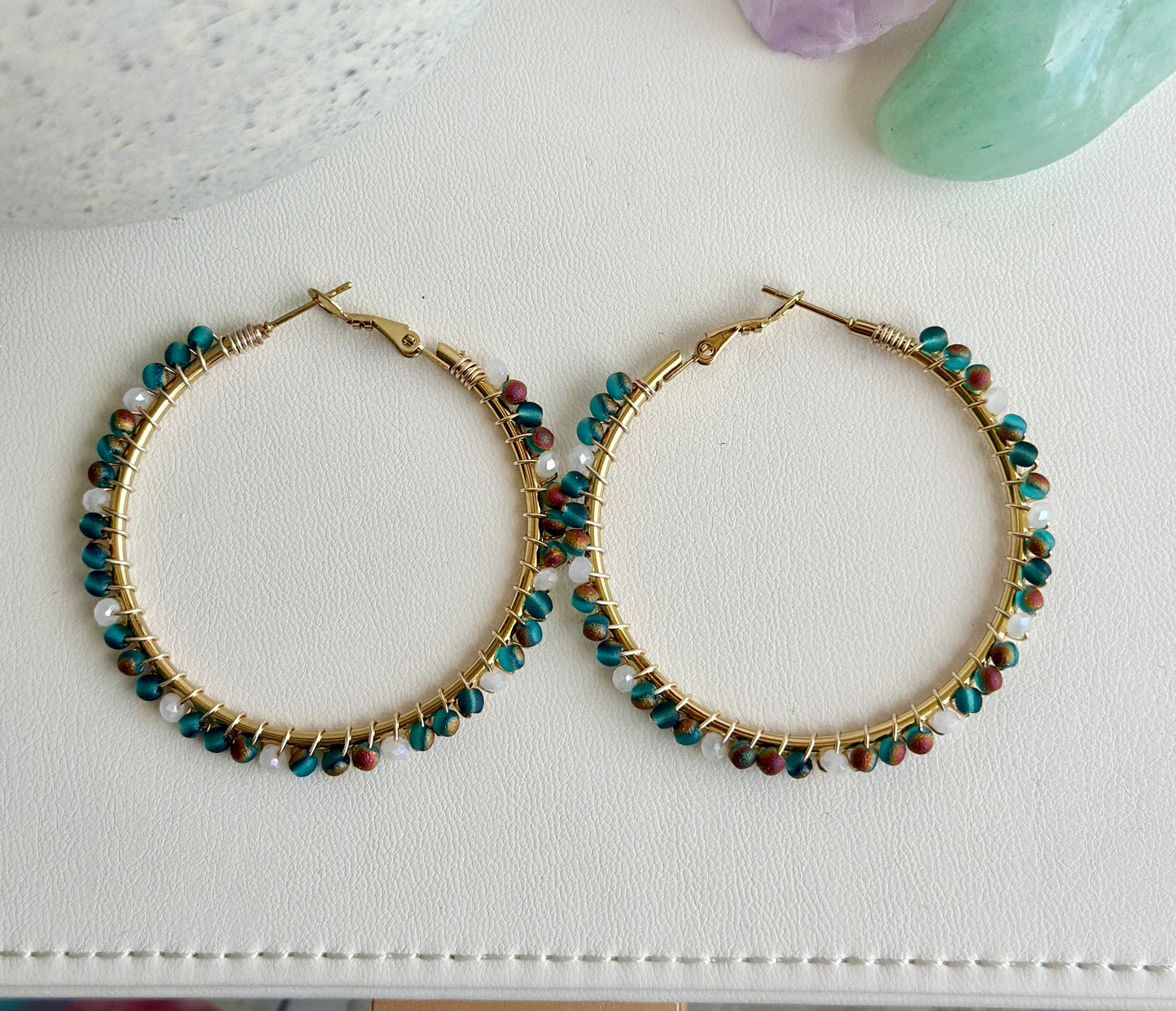 Hoop Earrings In Blue Green and White glass Beads (40mm)