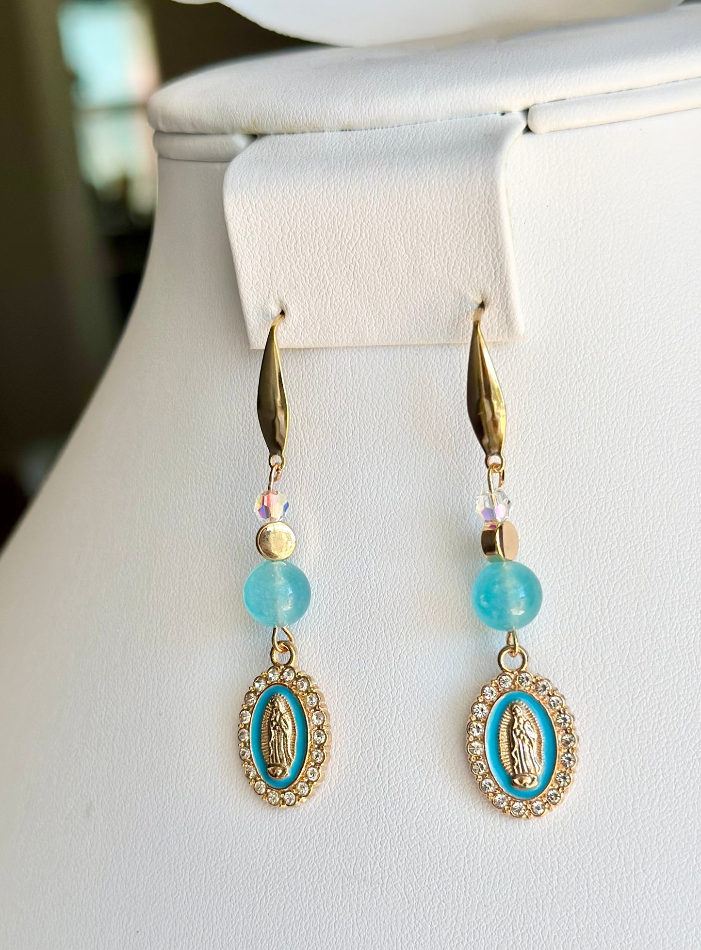 Virgen de Guadalupe Dangle and Drop Earrings in Blue