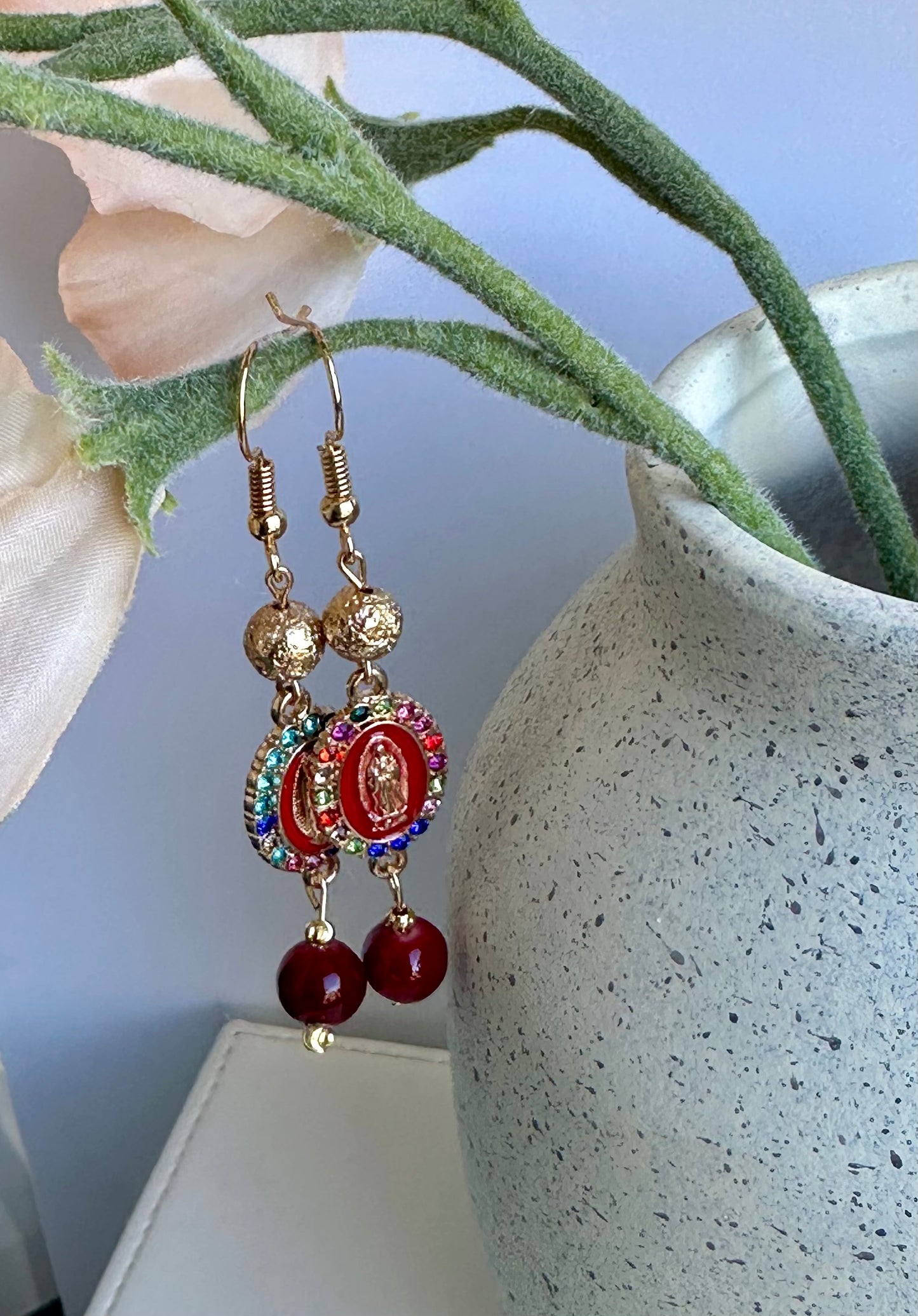 Virgen de Guadalupe Earrings in Dark Red Dyed Quartz