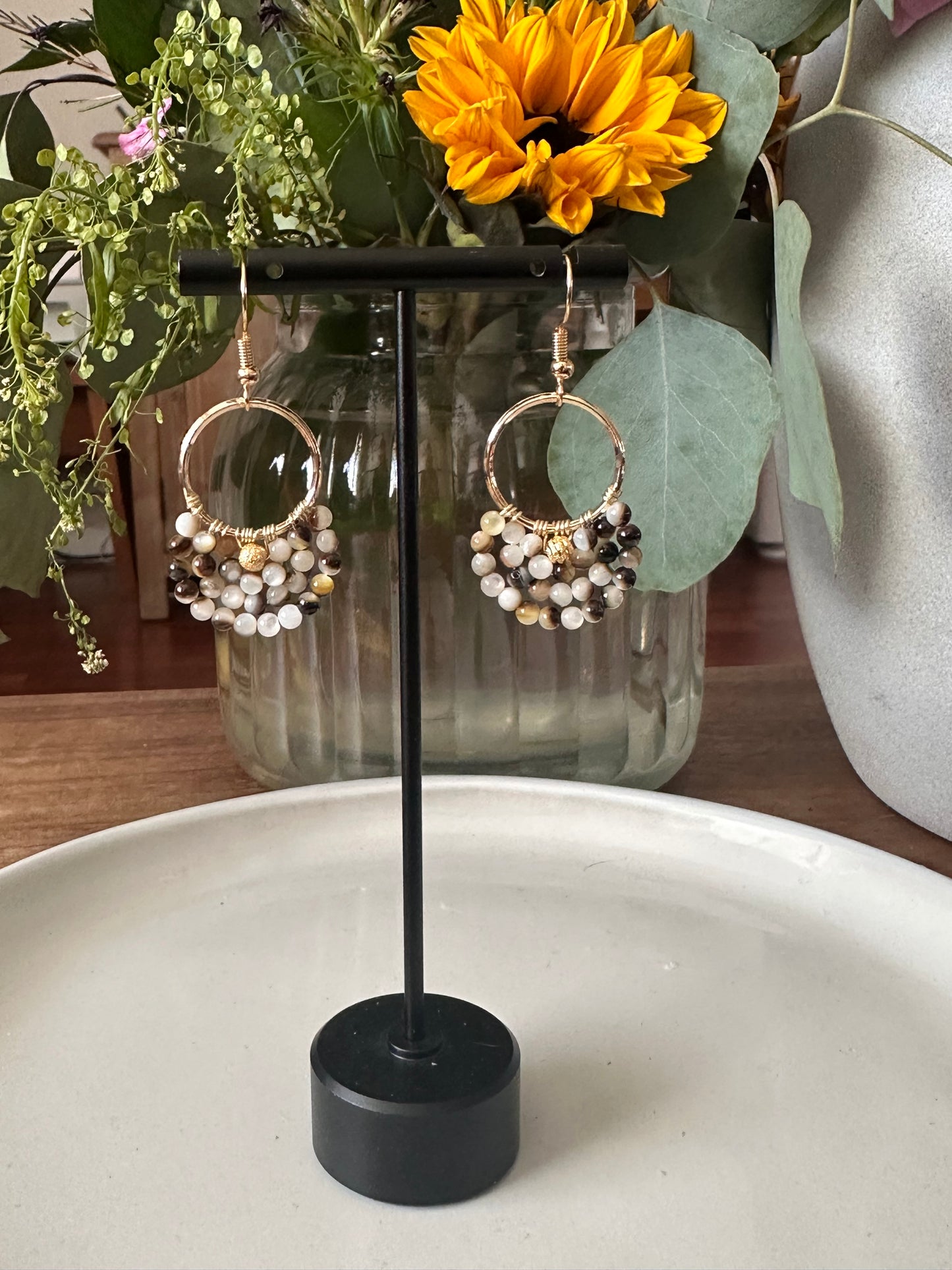 Dangle and Drop Earrings in Brown, White, and Gold. (Small).