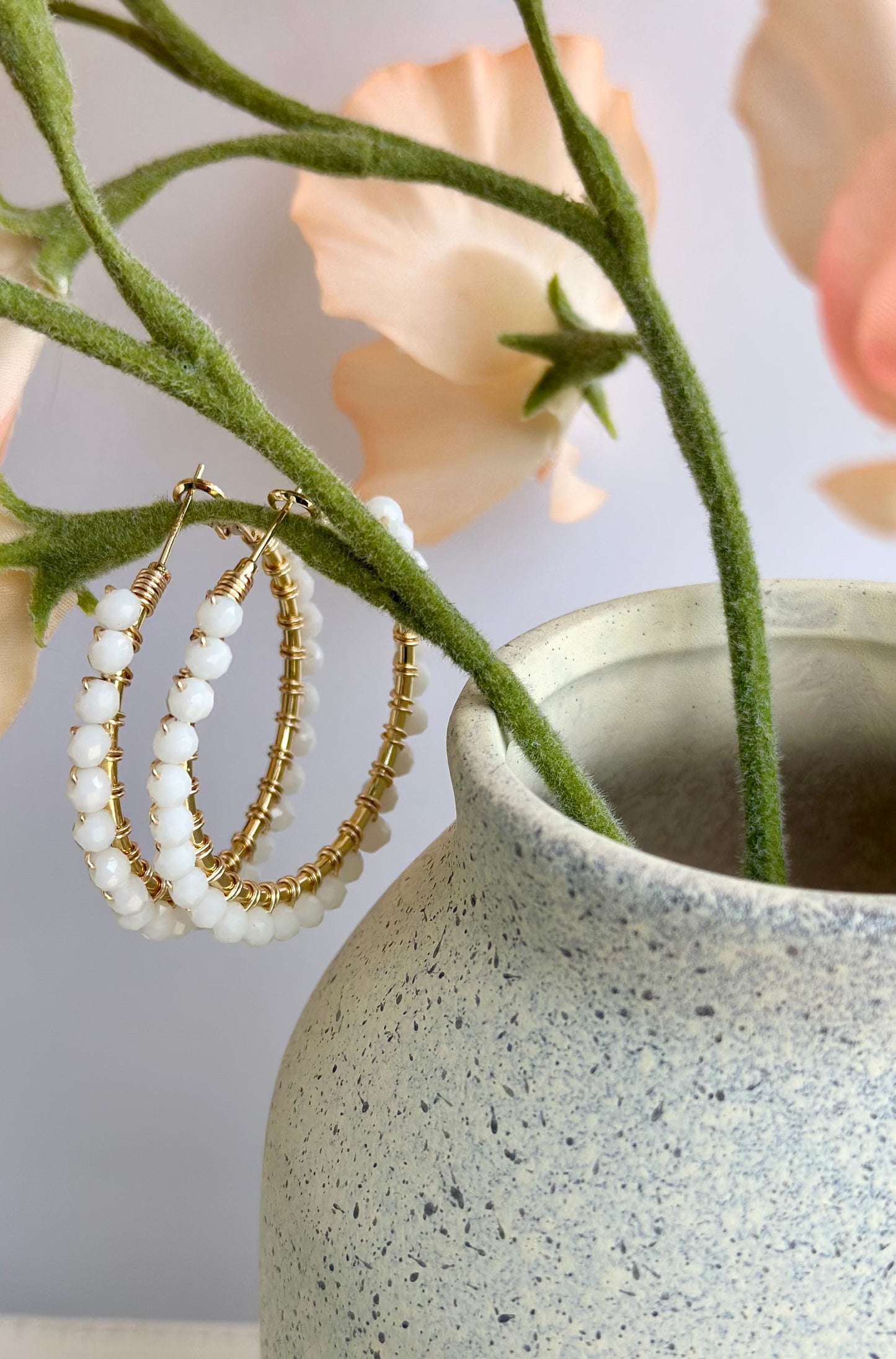 Hoop Earrings with White Glass Beads (30mm)