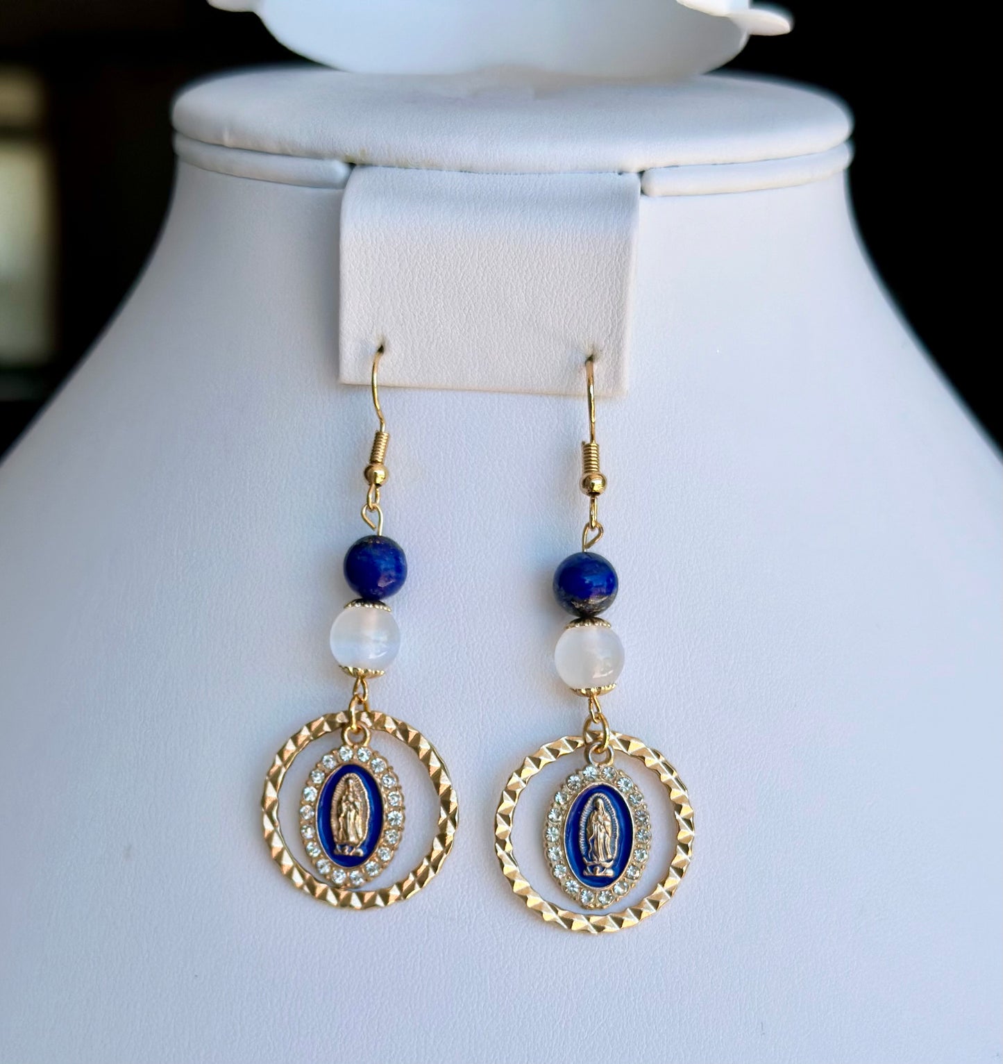 Virgen de Guadalupe Dangle and Drop Earrings in Blue and Clear