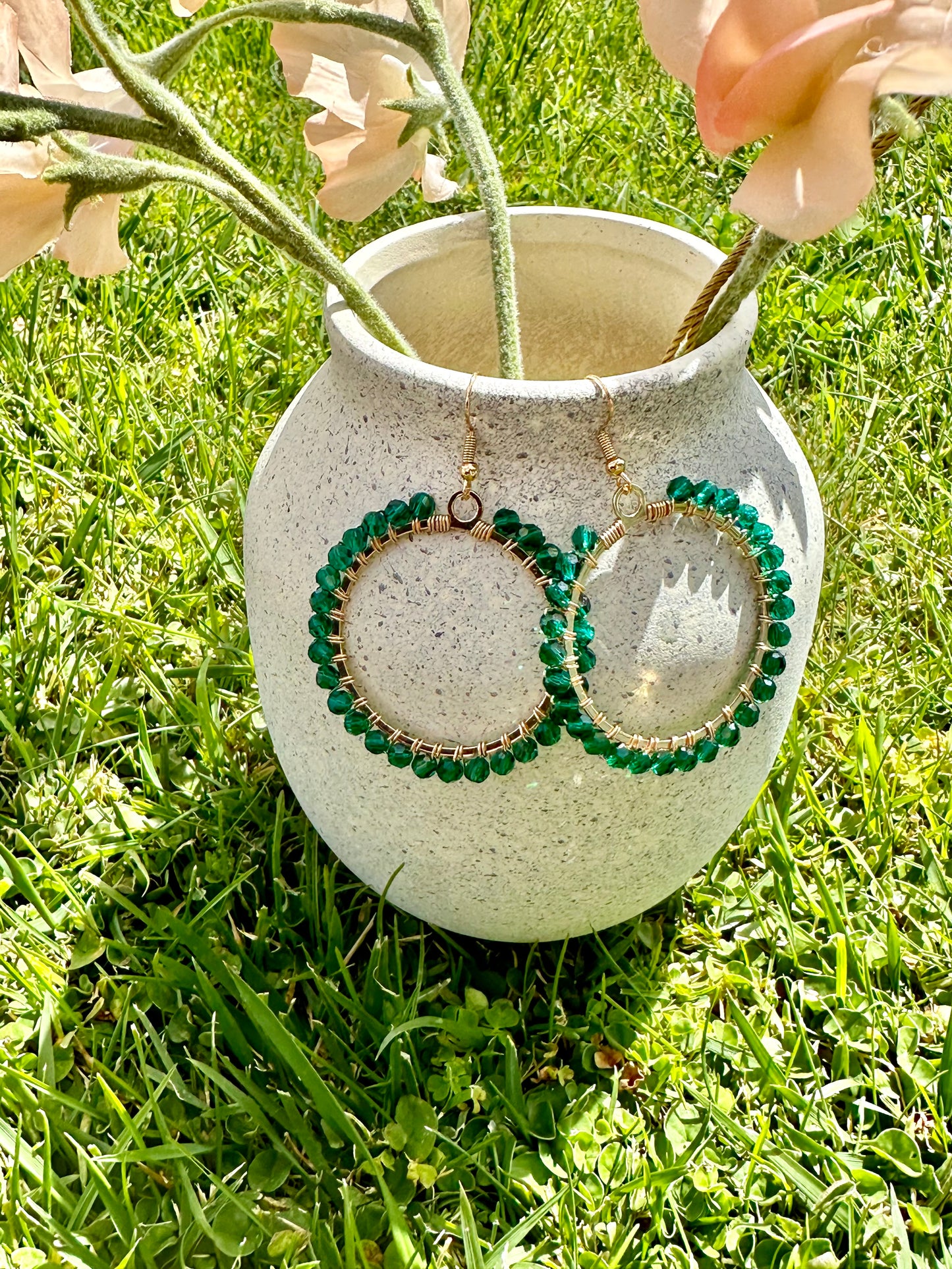 Dangle and Drop Hoop Earrings Set in Green