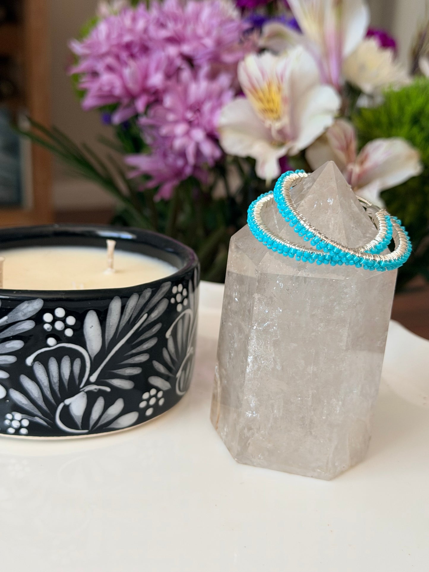 Hoop Earrings in Silver and Turquoise.