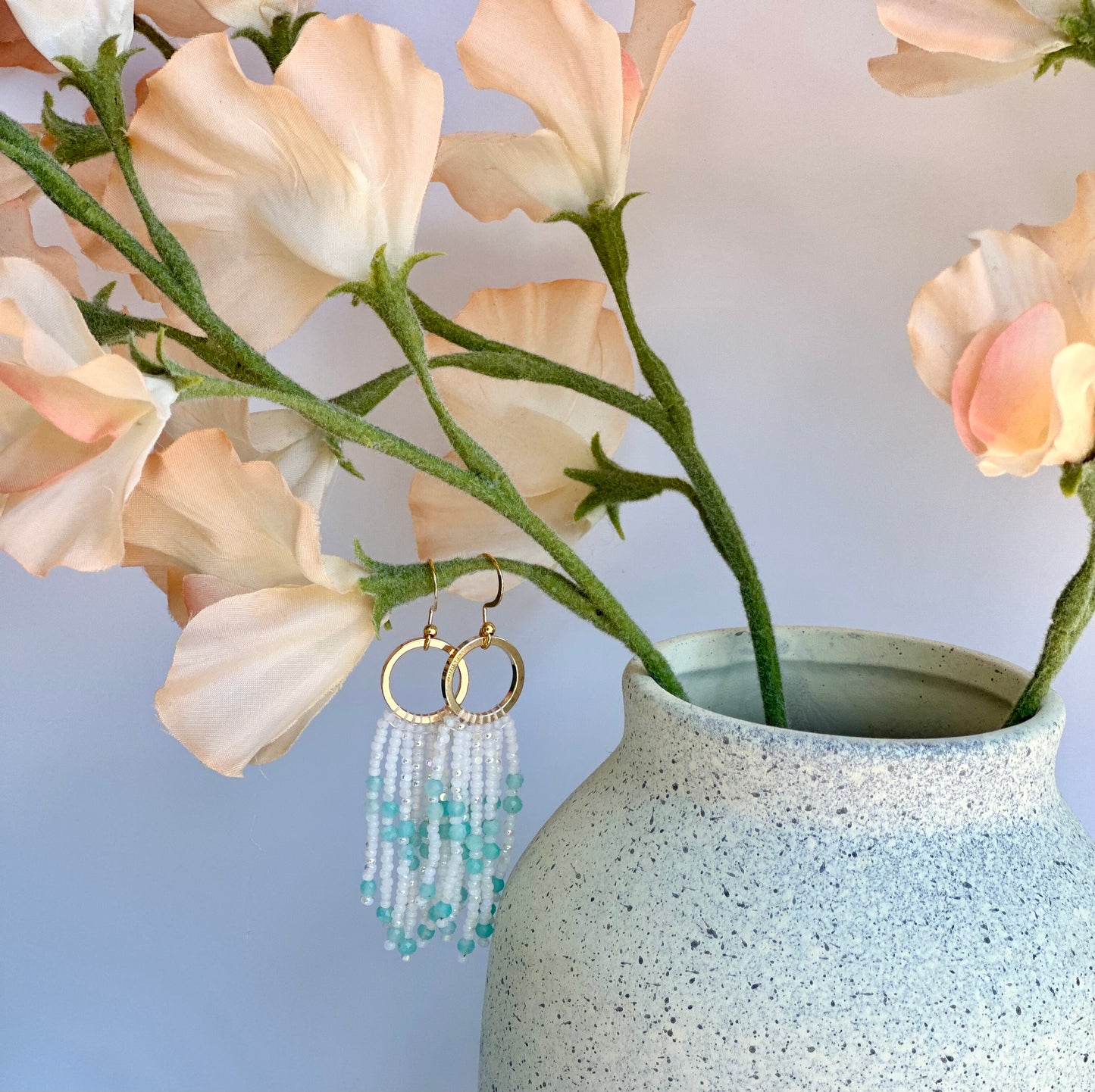 Beaded Fringe Earrings in White, Teal, and Gold