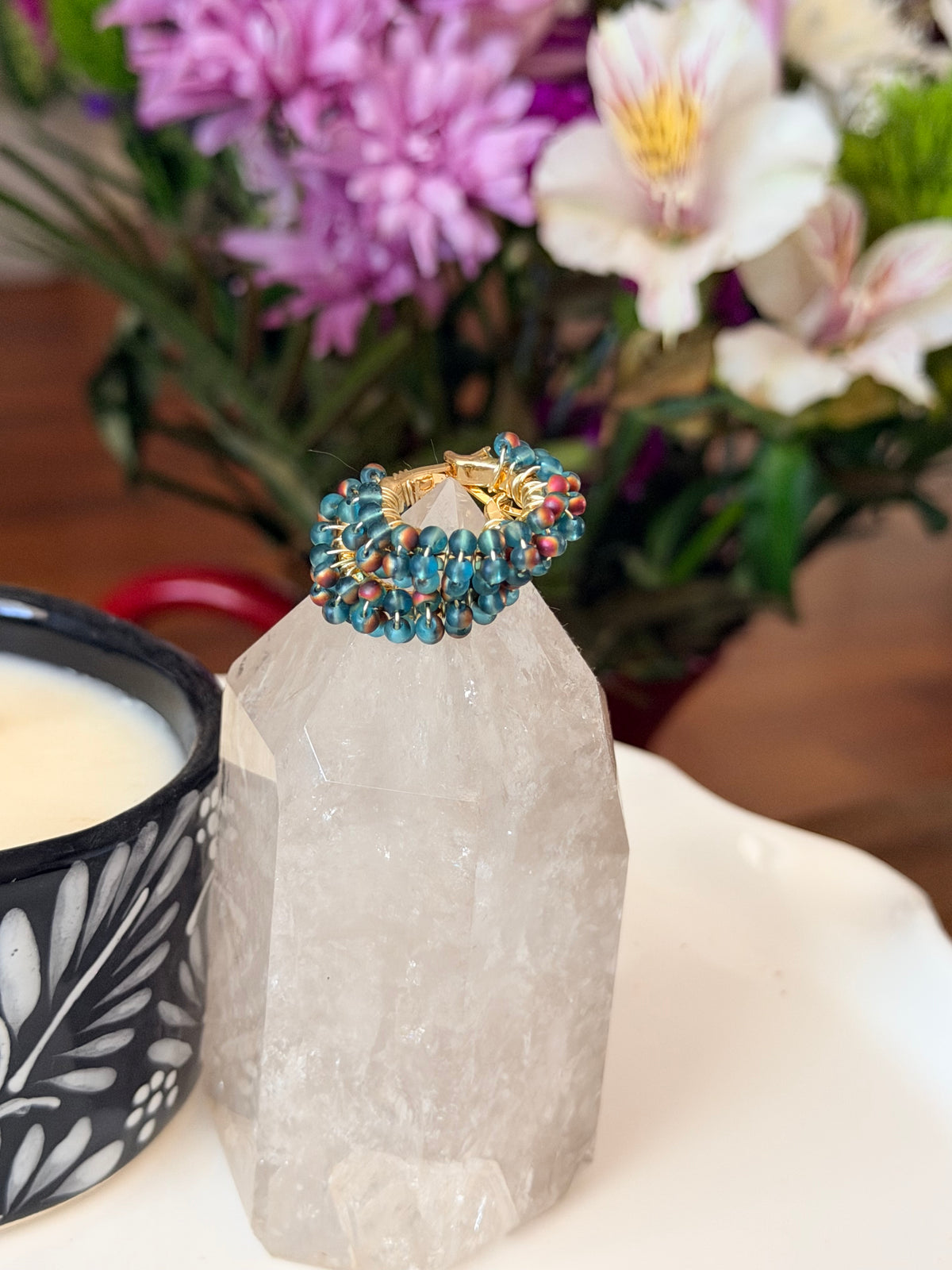 Hoop Earrings in Gold and Aqua Blue.