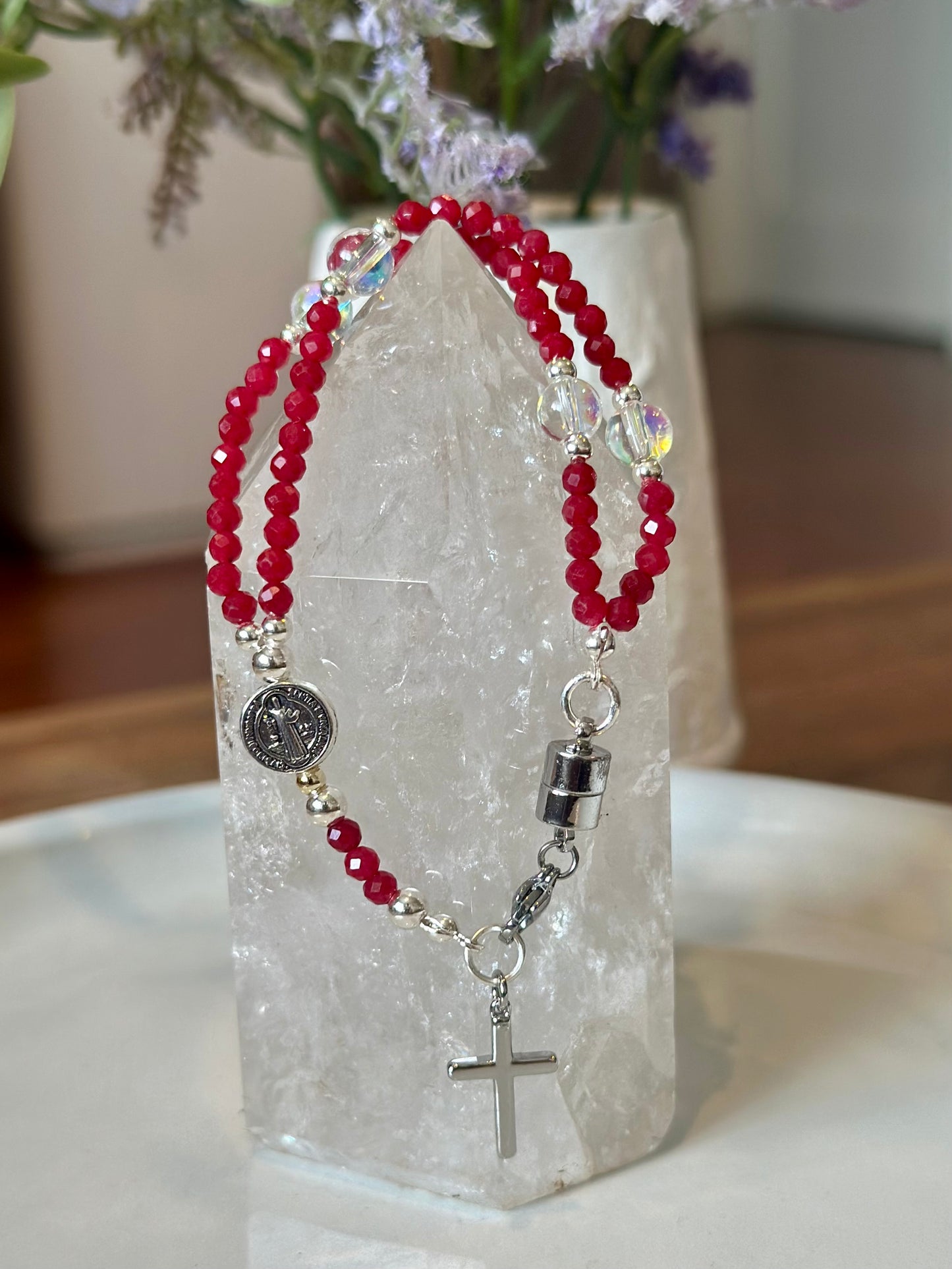Rosary Bracelet in Red and Silver.