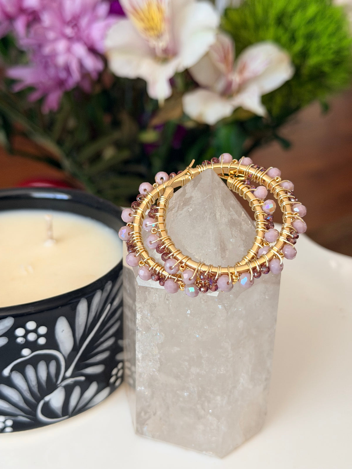 Hoop Earrings in Gold and Lilac.