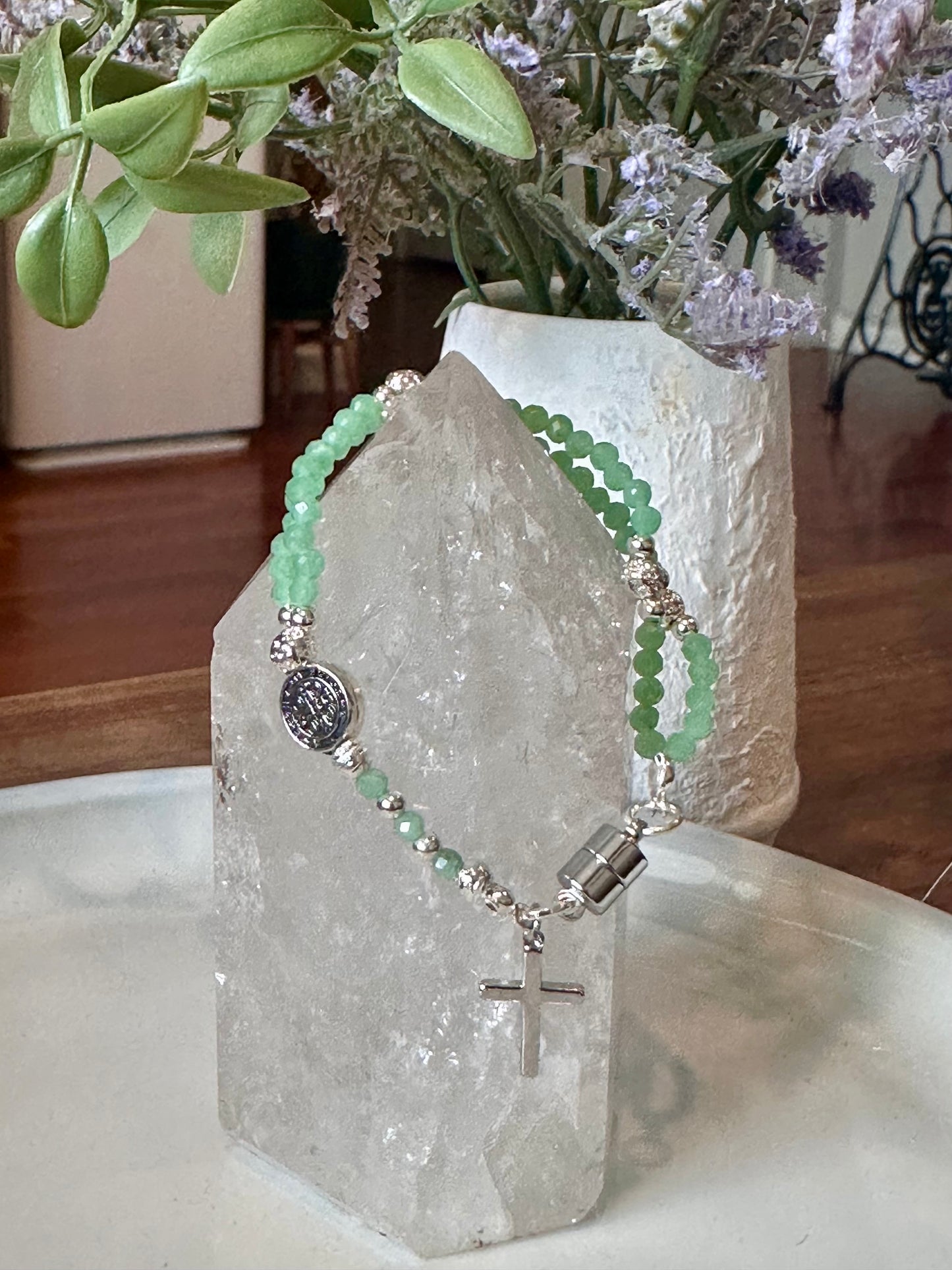 Rosary Bracelet in Green and Silver.