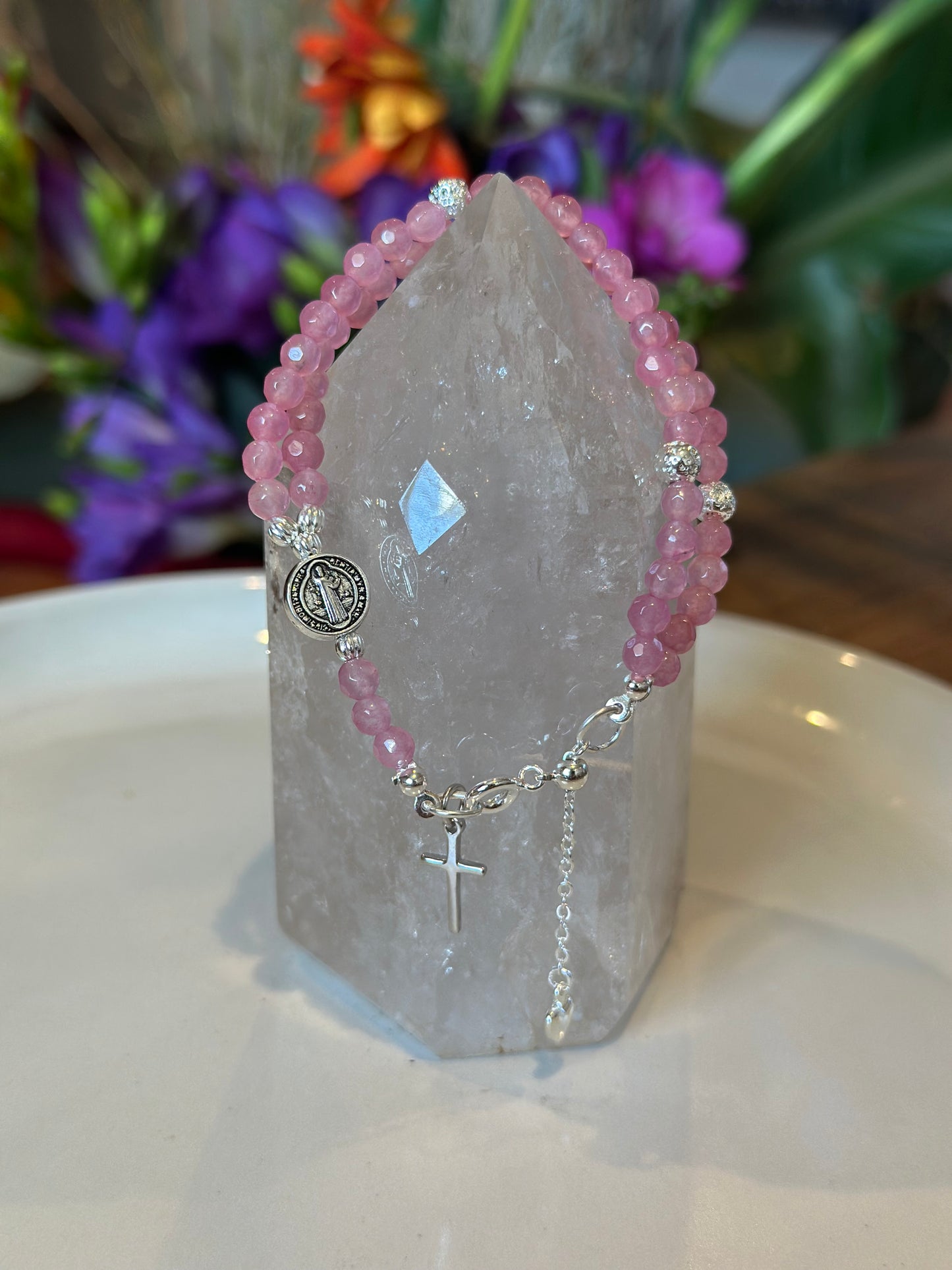 Rosary Bracelet in Pink and Silver.