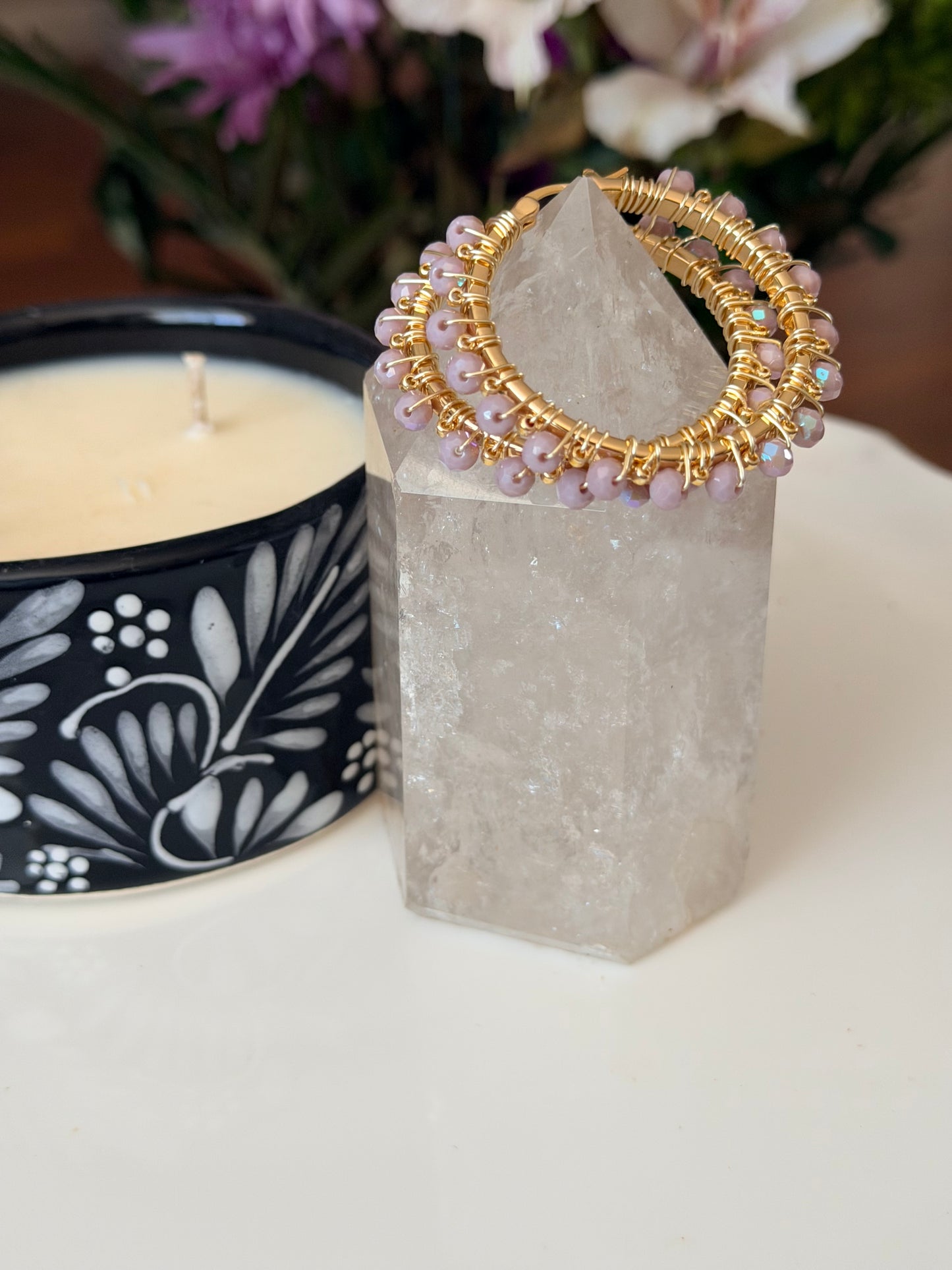 Hoop Earrings in Gold and Lilac.