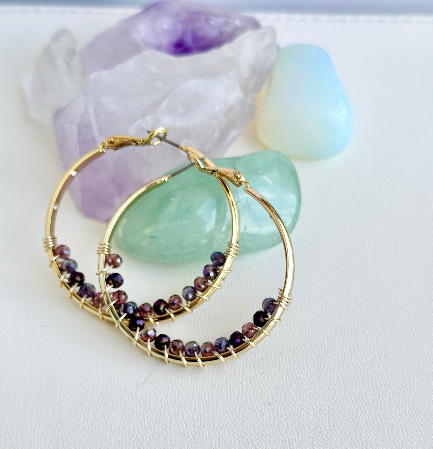 Hoop Earrings with Dark Purple Glass Beads (30mm)