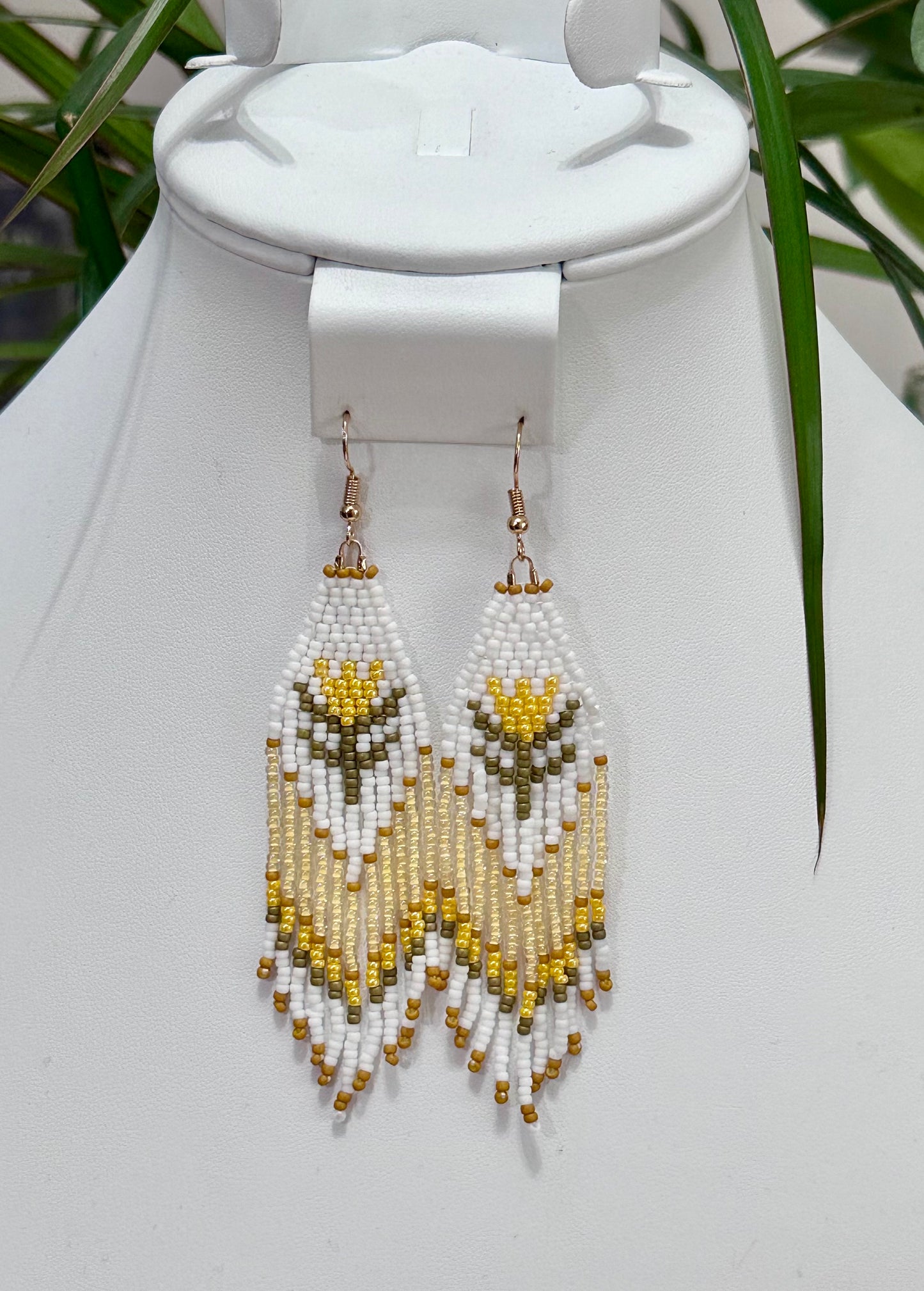 Beaded Fringe Earrings in Yellow, Green and White