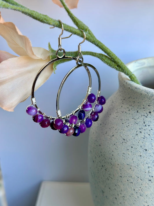 Dangle Hoop Earrings Set in Silver and Purple