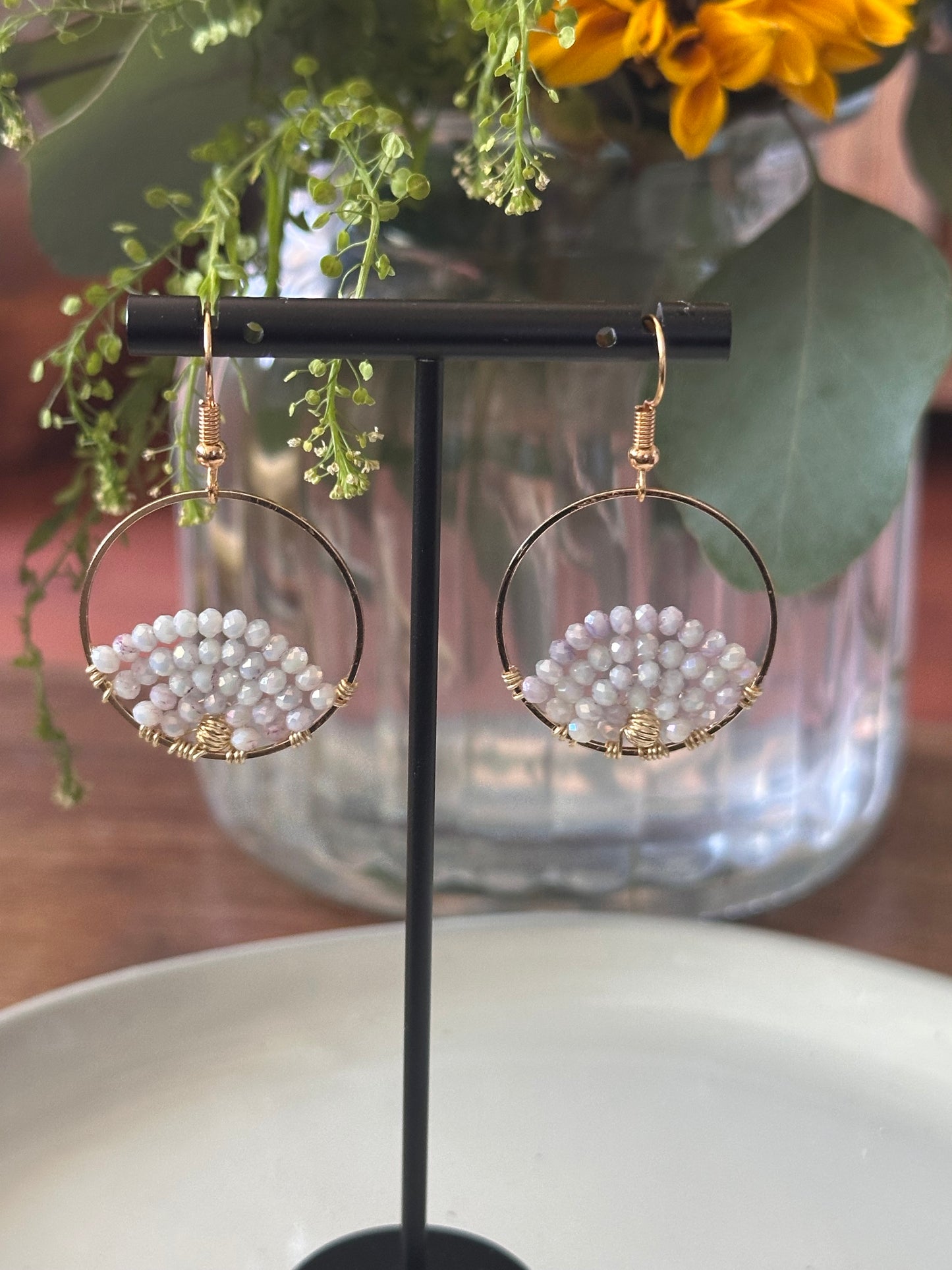 Dangle and Drop Earrings in Light Lilac and Gold.