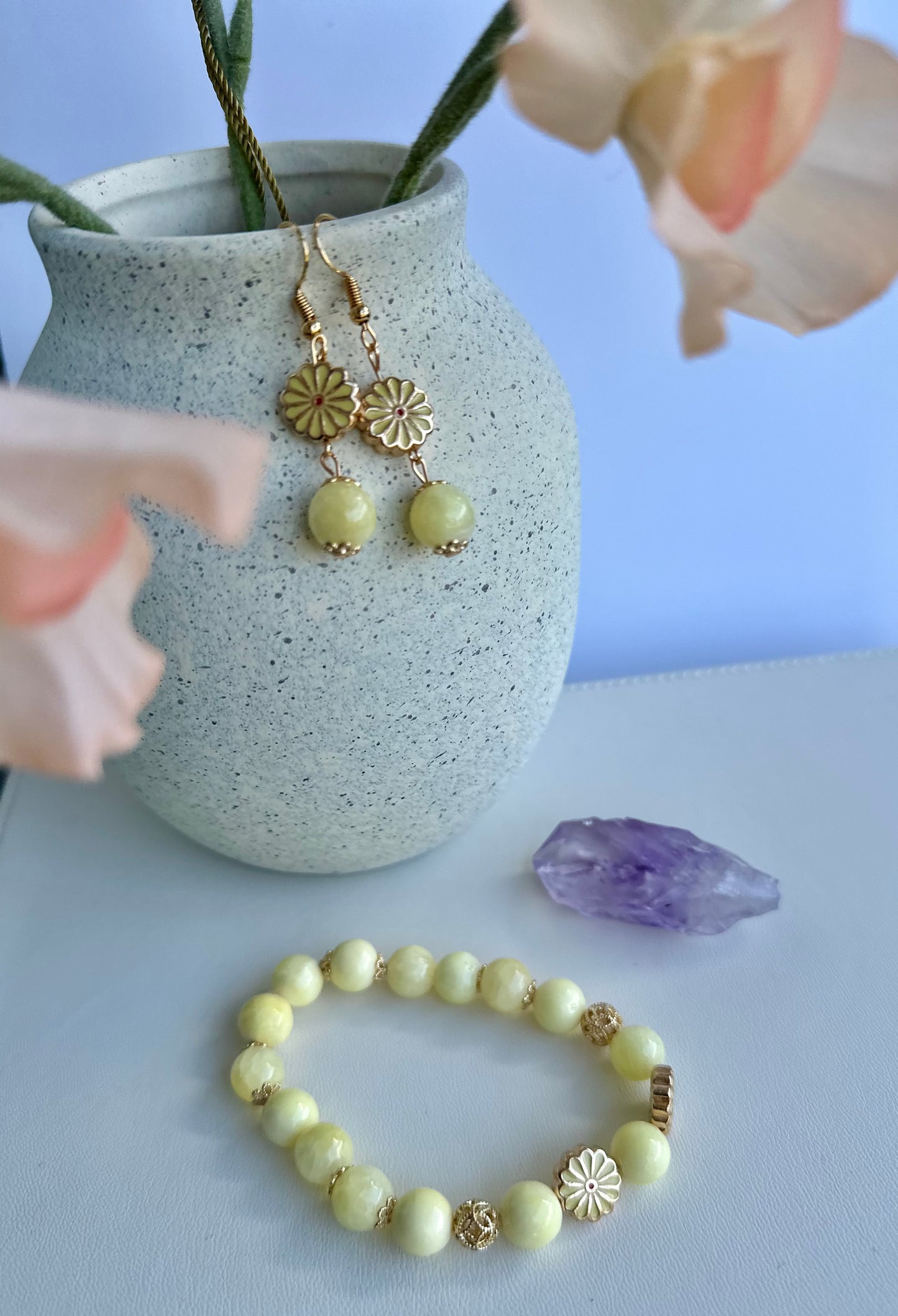 Bracelet and Earrings Set in Soft Yellow