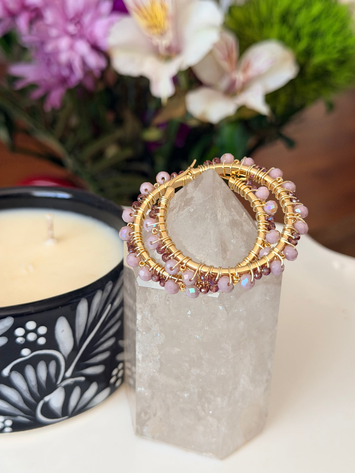 Hoop Earrings in Gold and Lilac.