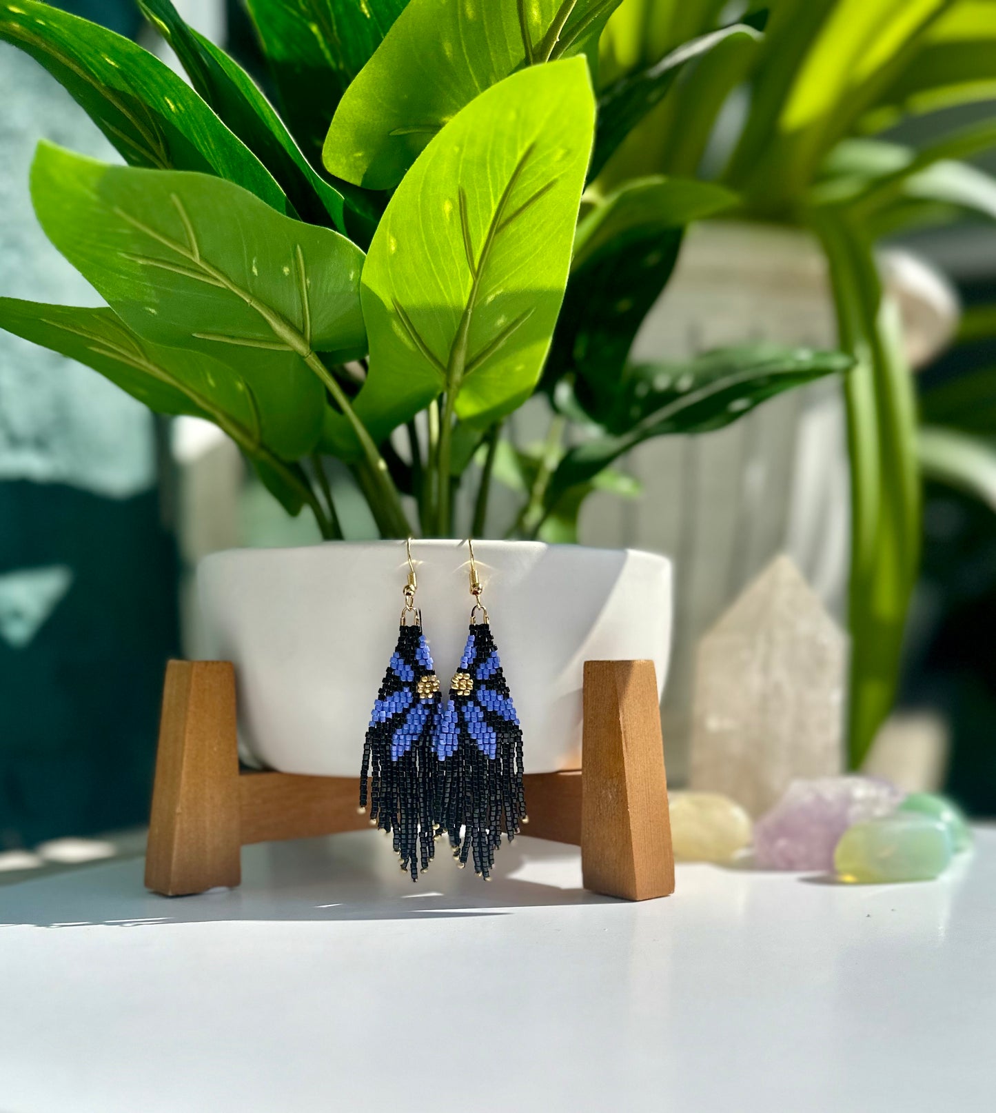 Beaded Fringe Earrings in Black, Blue, and Gold