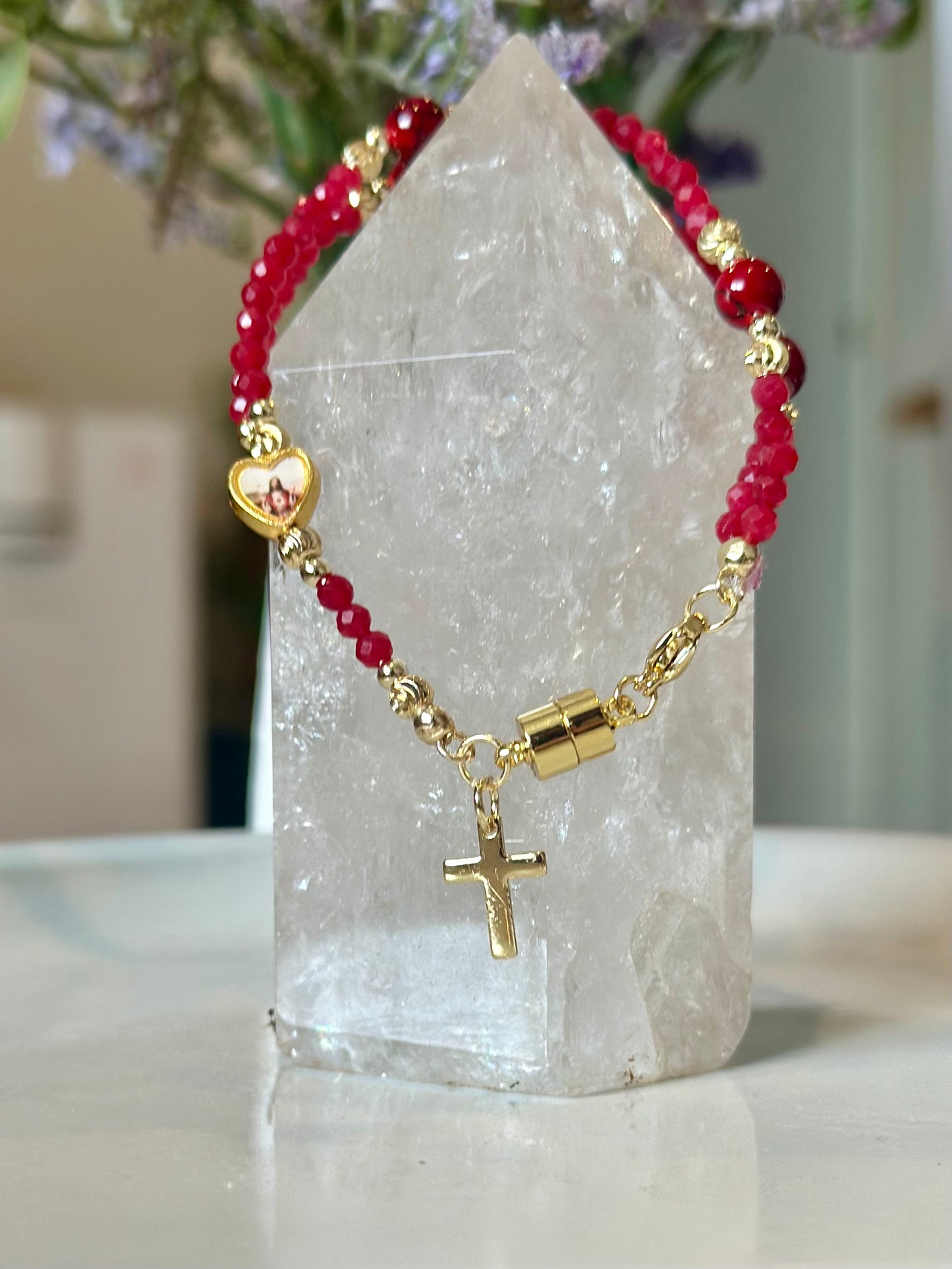 Rosary Bracelet in Red and Gold.