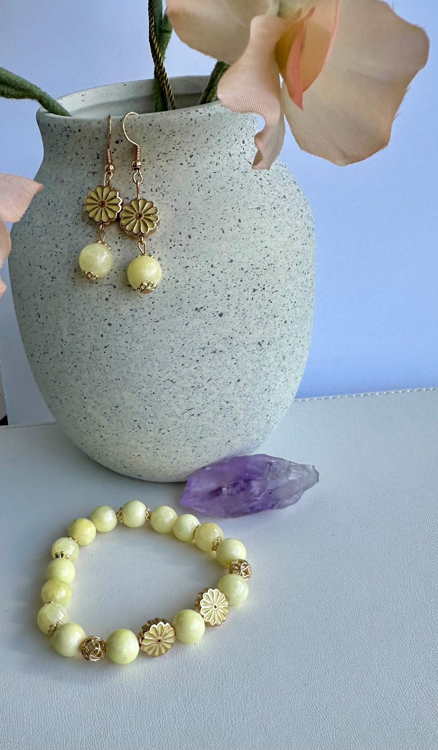 Bracelet and Earrings Set in Soft Yellow