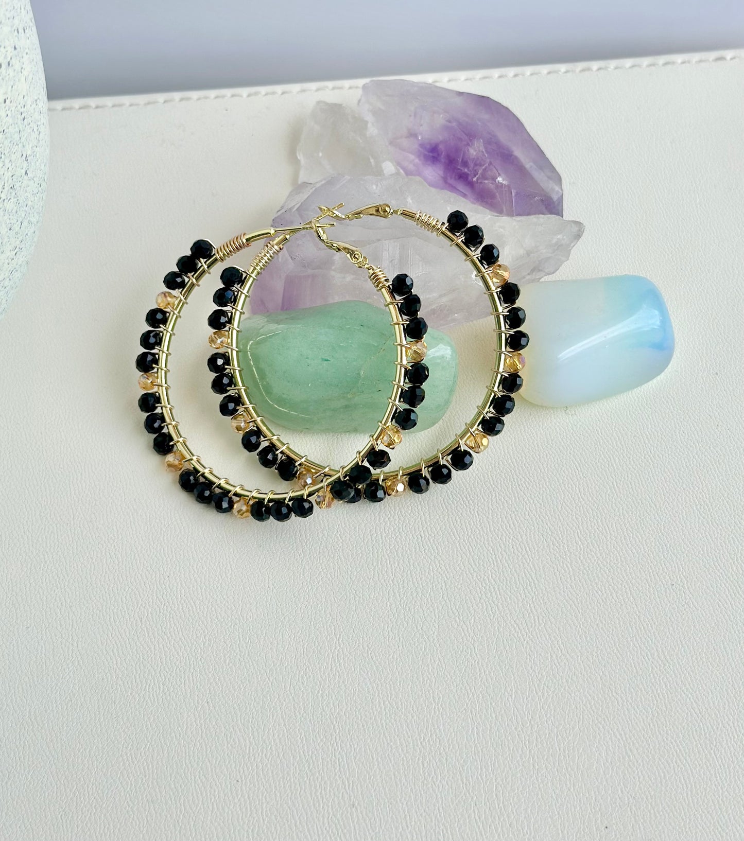 Hoop Earrings with Black and Gold Glass Beads (40mm)