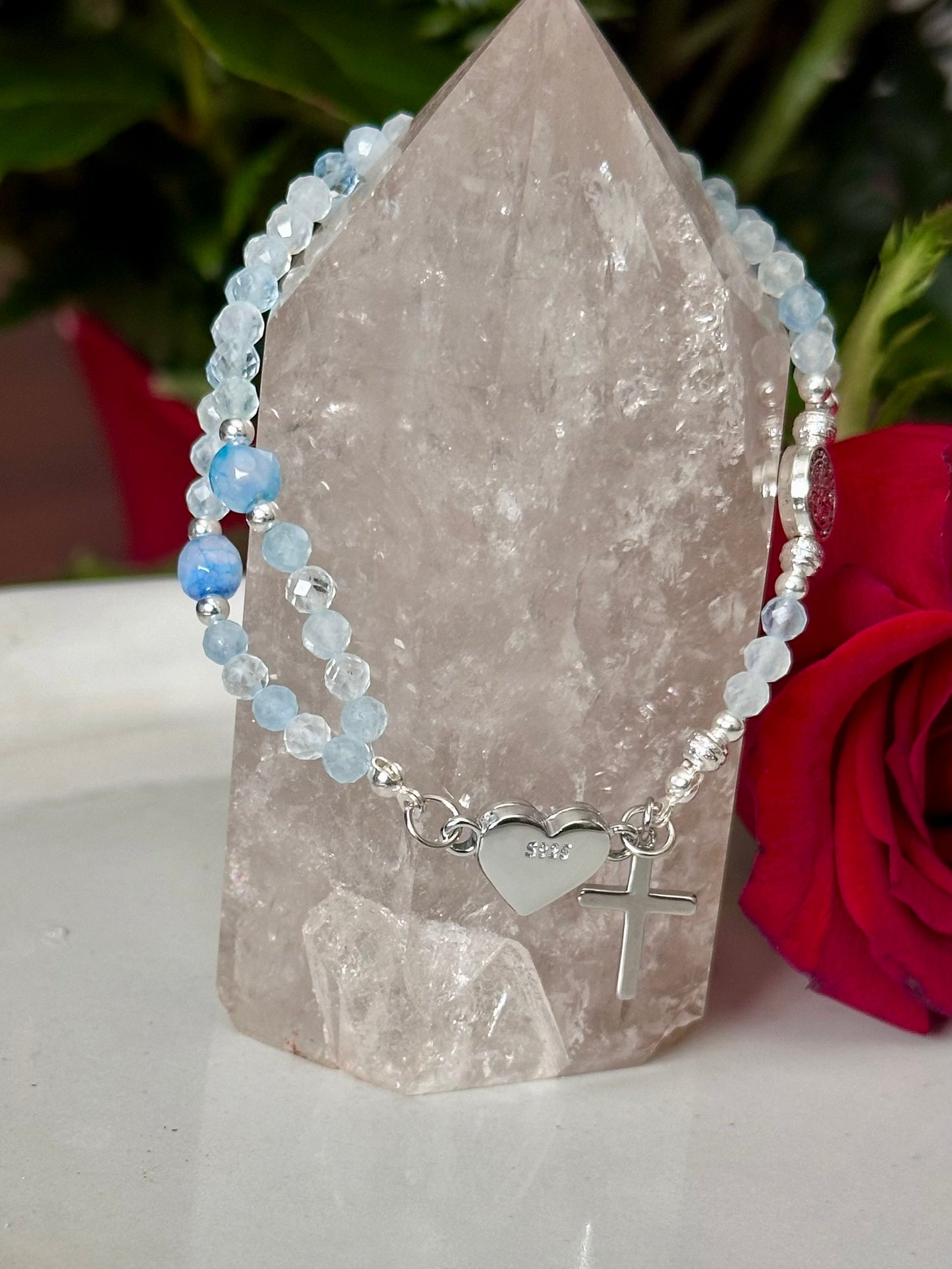 Rosary Bracelet in Light Blue and Silver